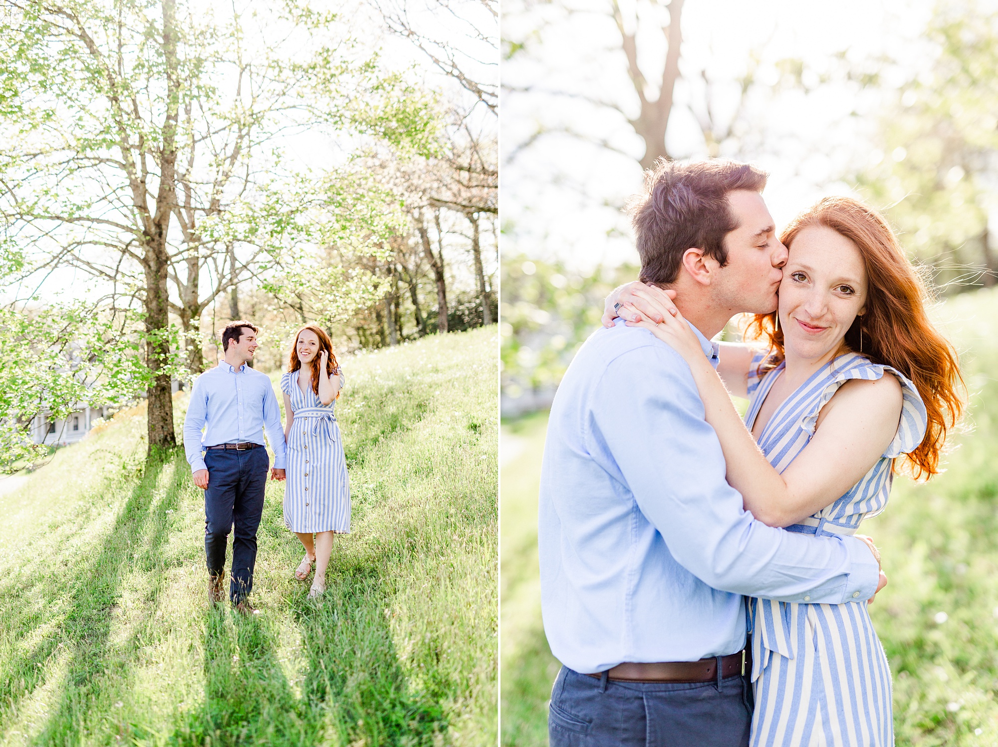 groom kisses fiancee's cheek during Boone NC spring engagement photos