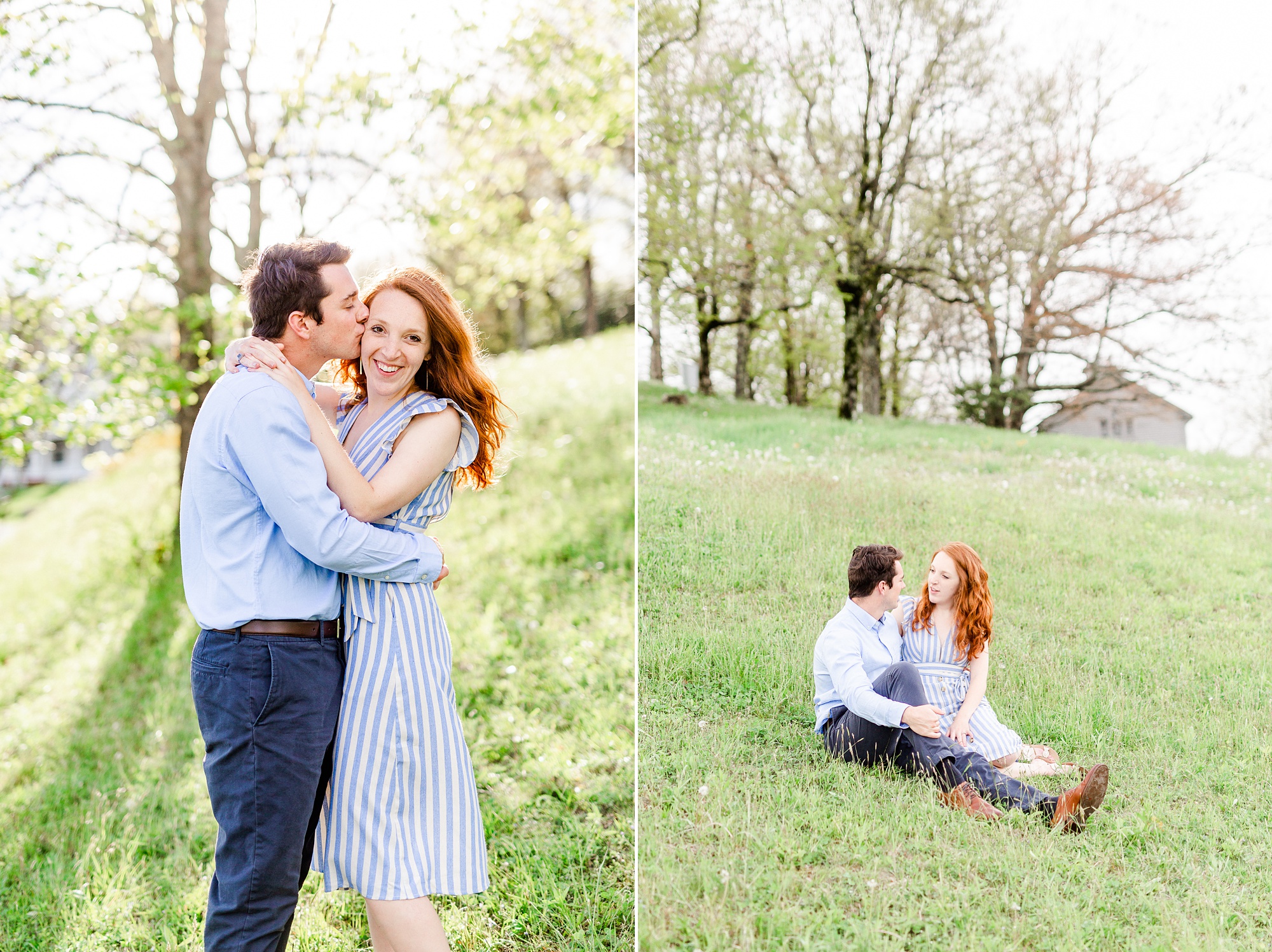 spring engagement session with pastel blue outfits