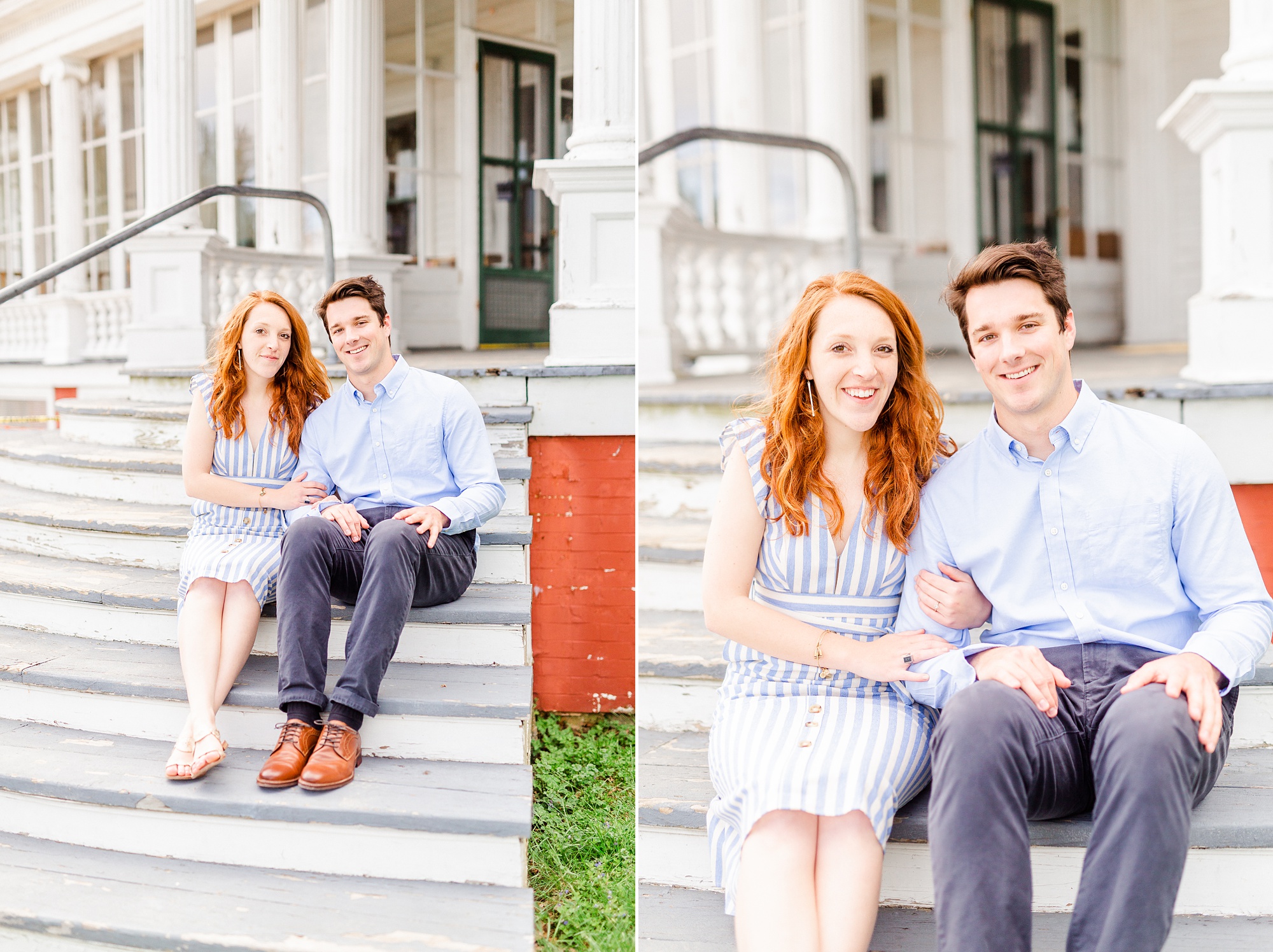 couple poses on steps of Moses Cone Manor during Boone NC spring engagement photos