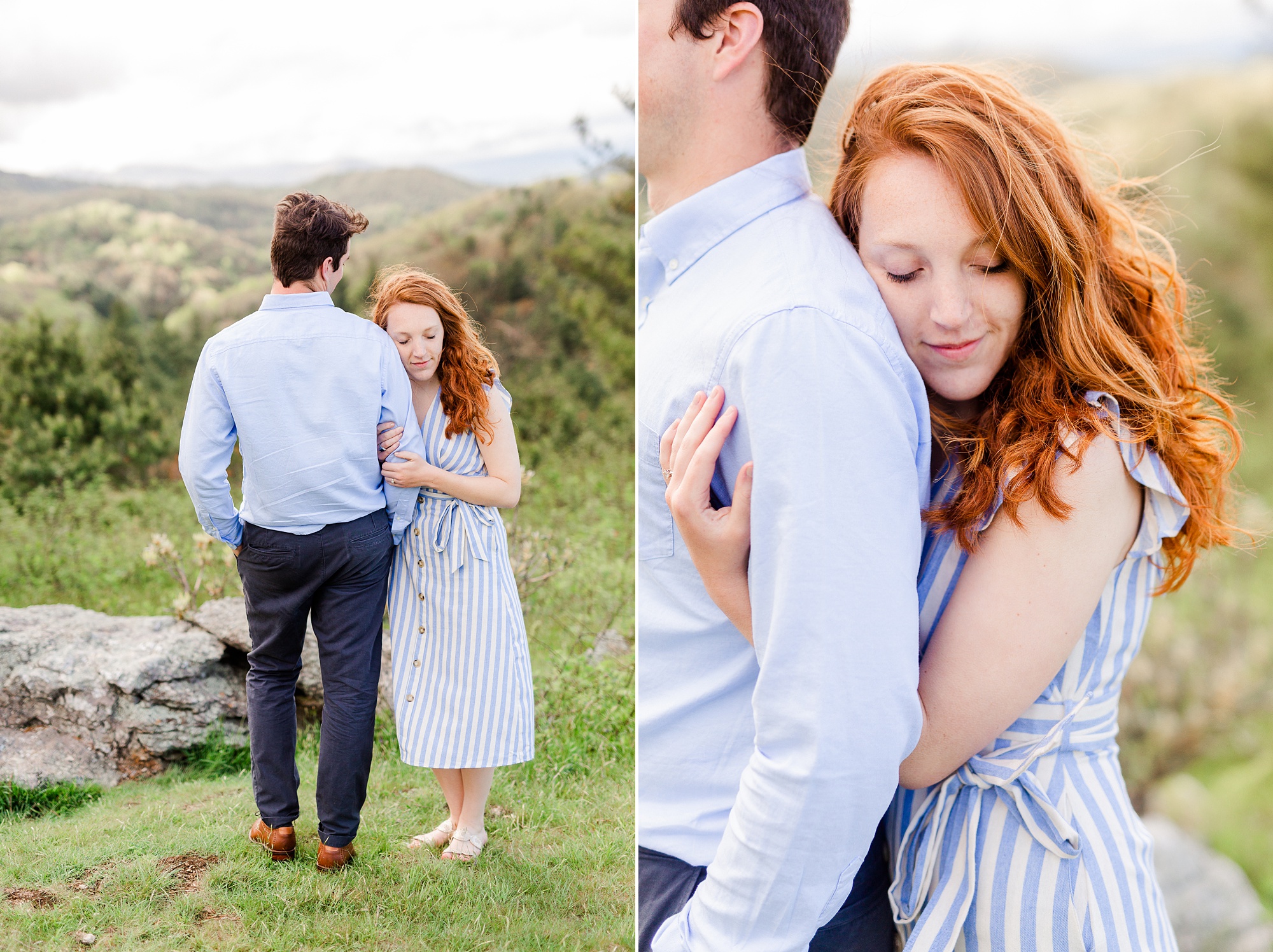 engaged couple poses at Thunderhill Overlook during Boone NC spring engagement photos