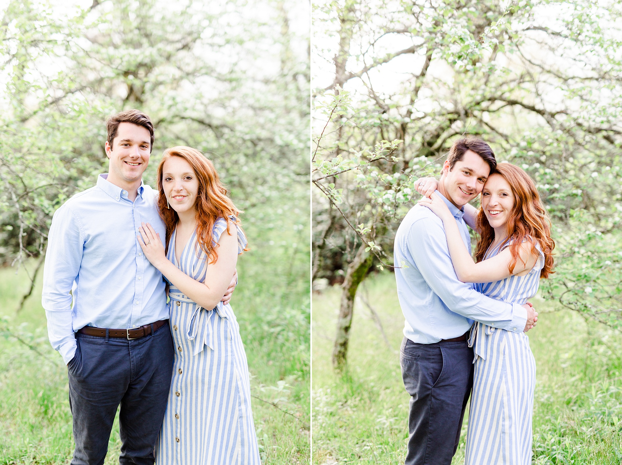 engaged couple poses by spring tree during Boone NC spring engagement photos