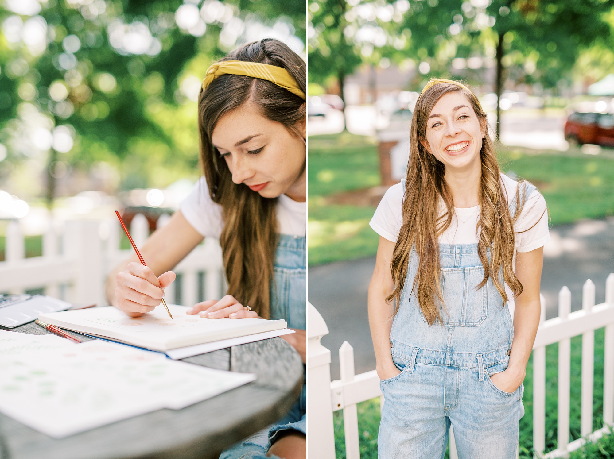 artist in overalls laughs during Charlotte NC branding portraits