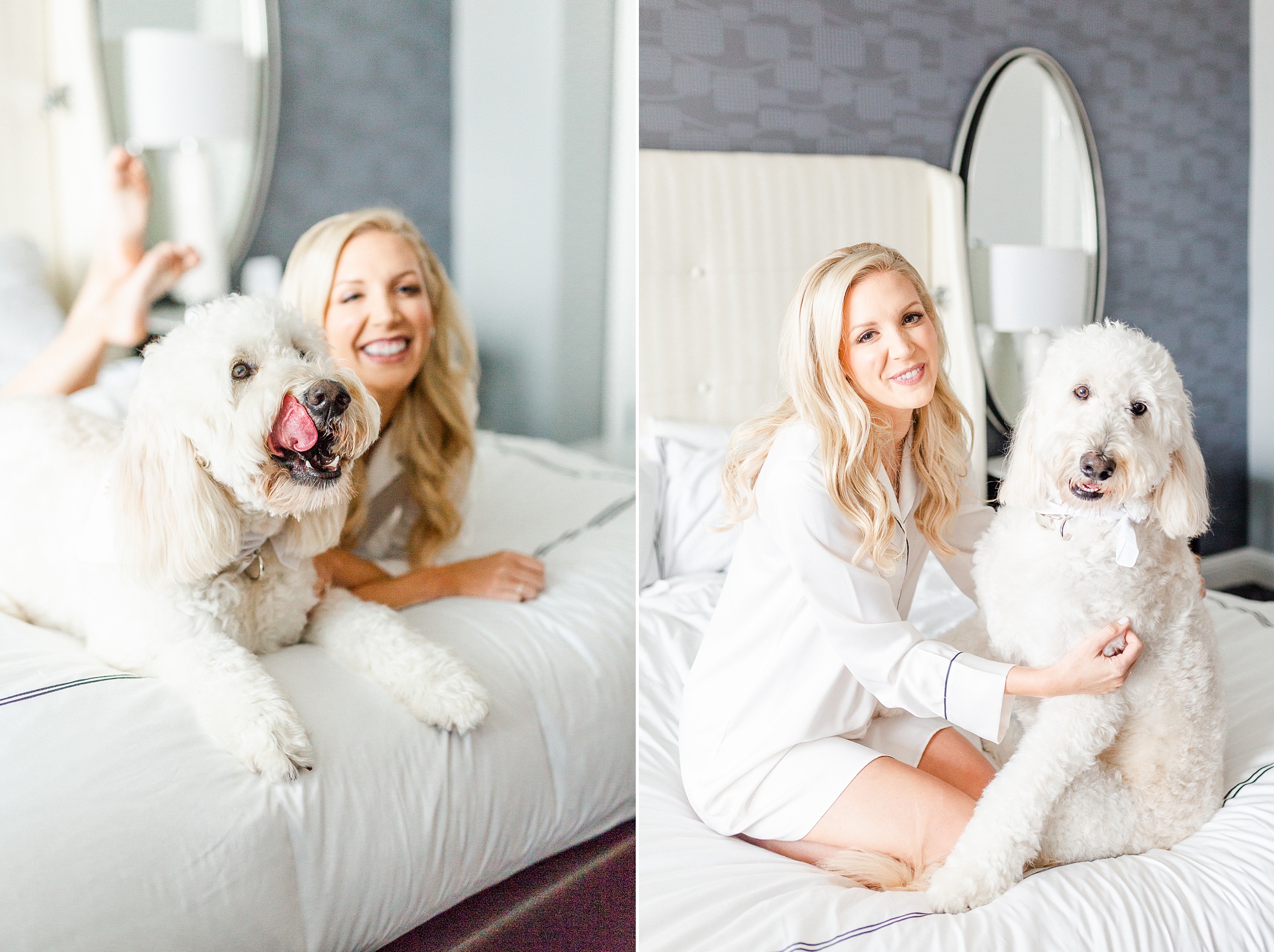bride and goldendoodle dog pose on bed at Kimpton Hotel