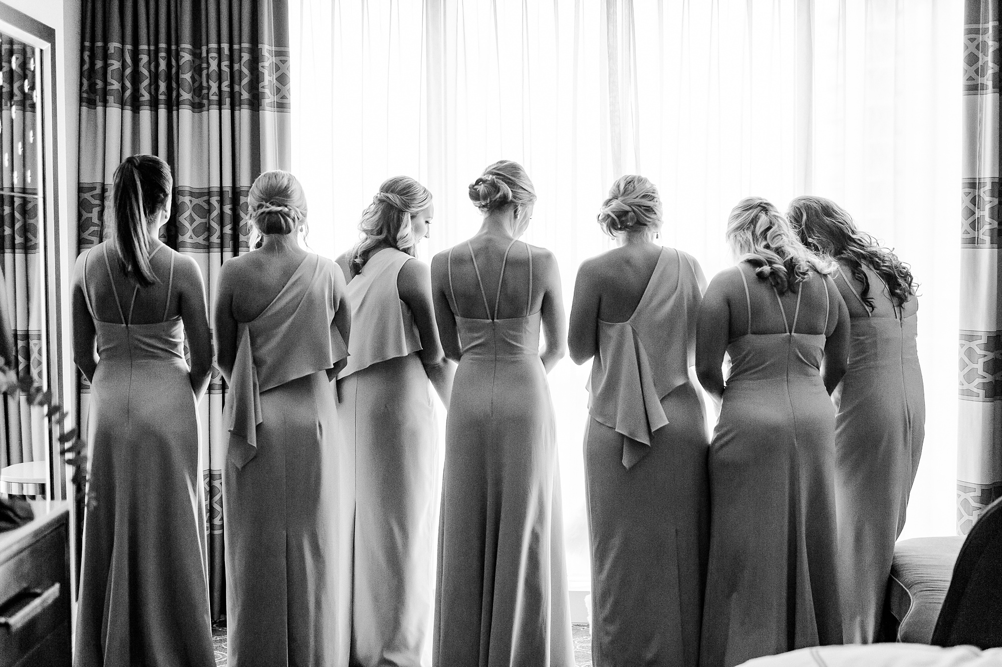 bridesmaids wait for first look at Kimpton Hotel
