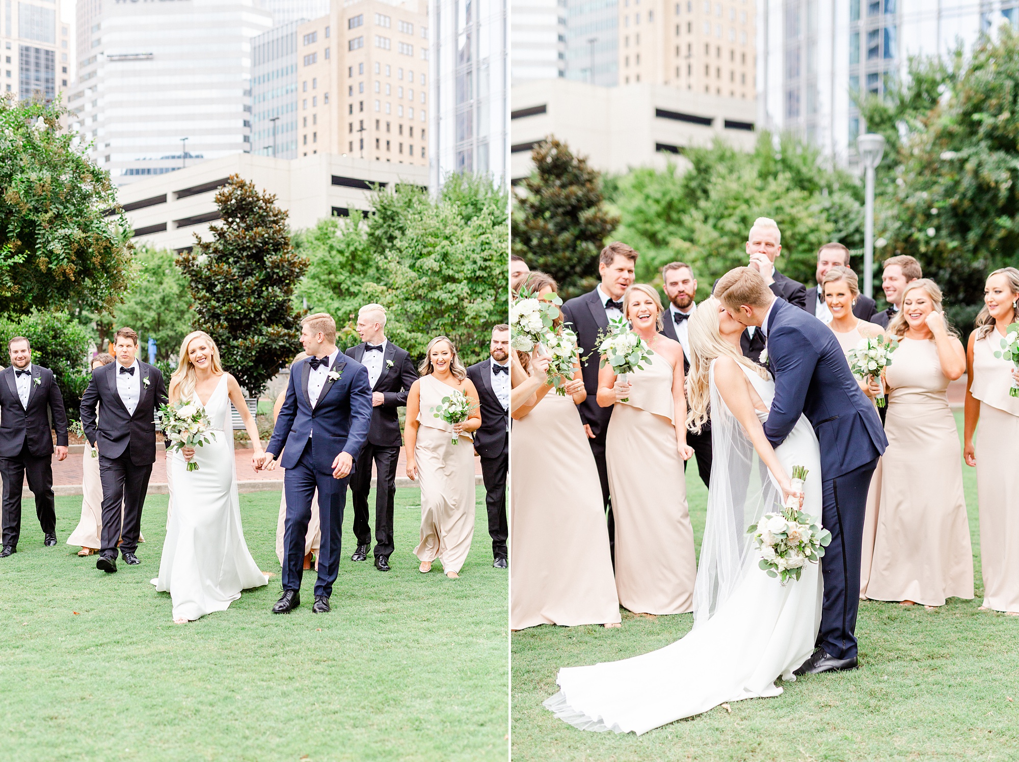wedding party walks through Romare Bearden Park with bride and groom