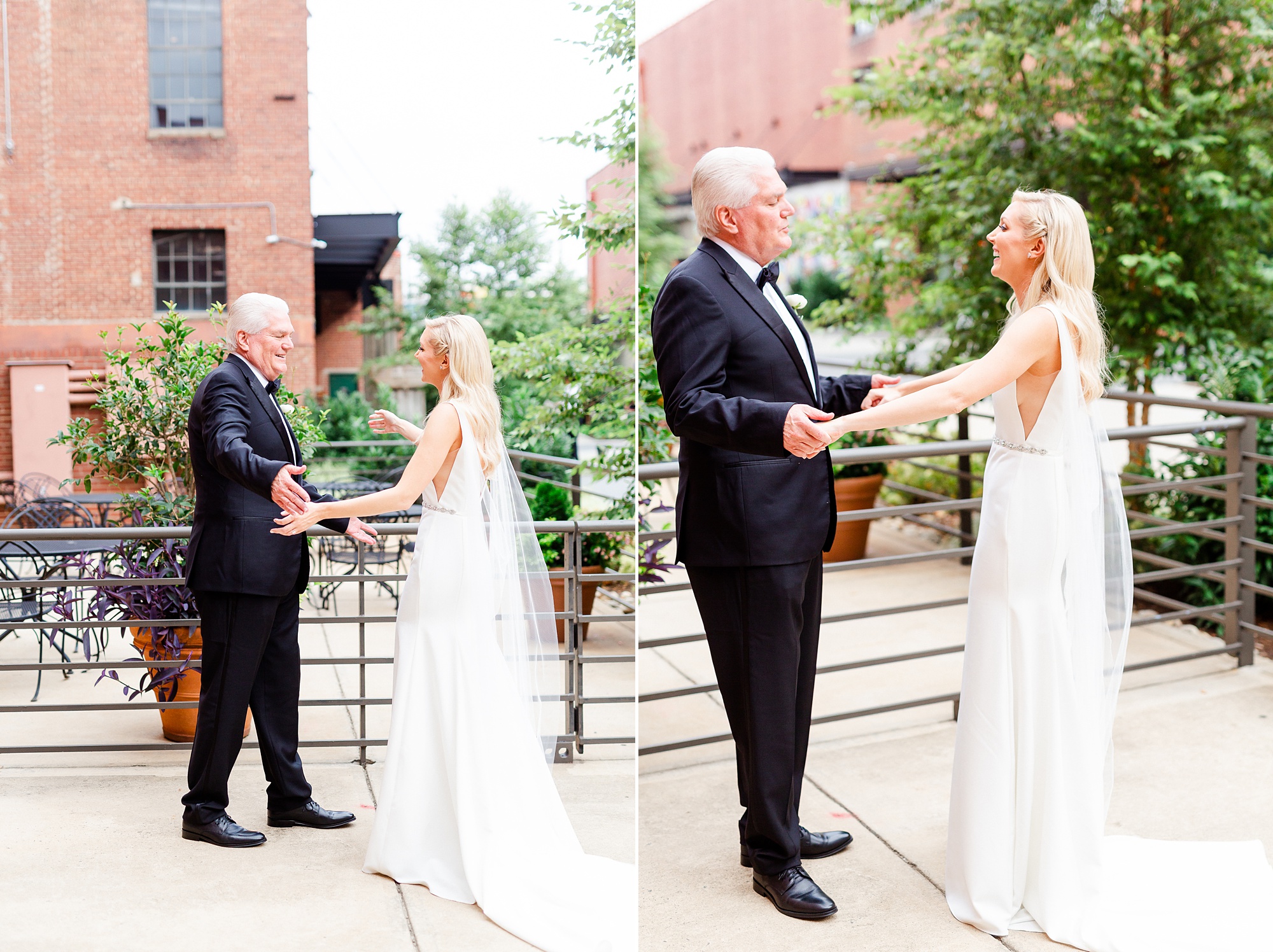bride and father have first look outside Design Center Atrium