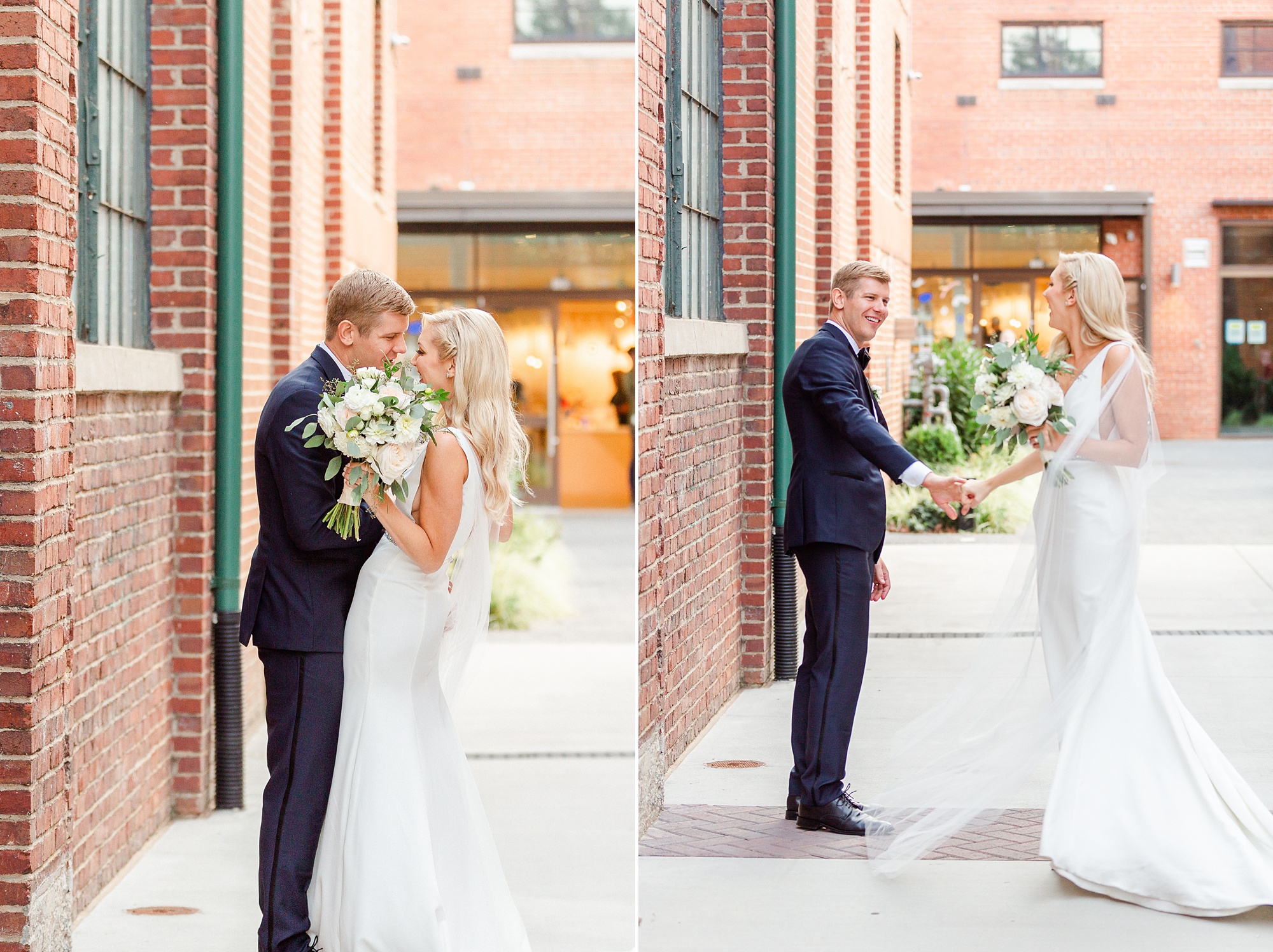 bride and groom kiss by brick building in uptown Charlotte