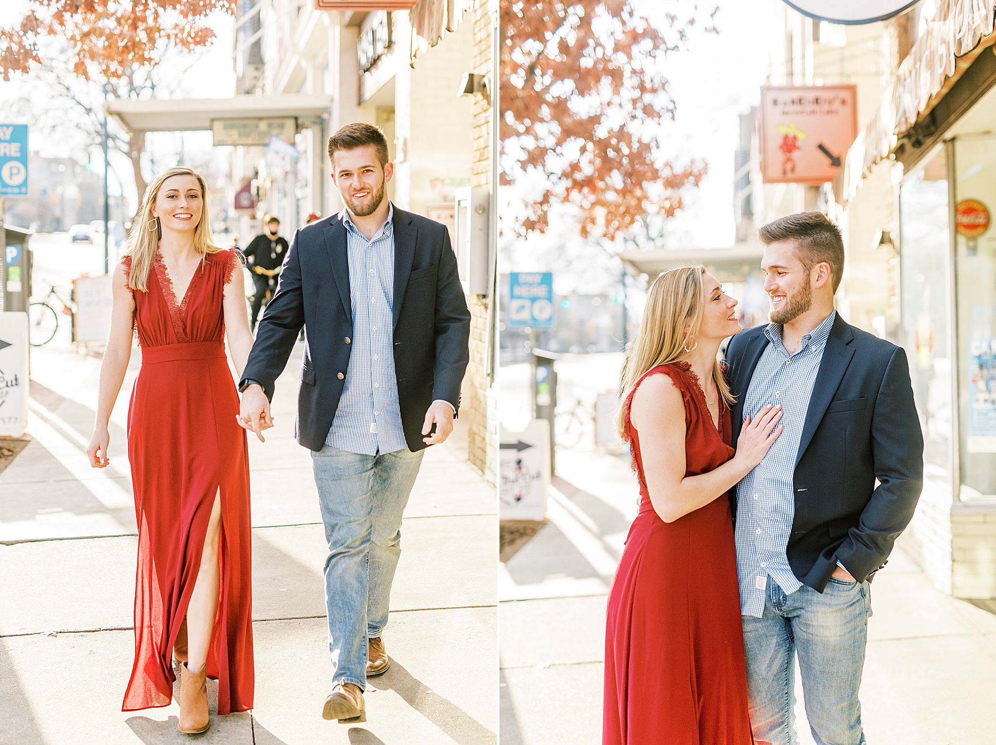 winter Chapel Hill engagement session with bride in red gown
