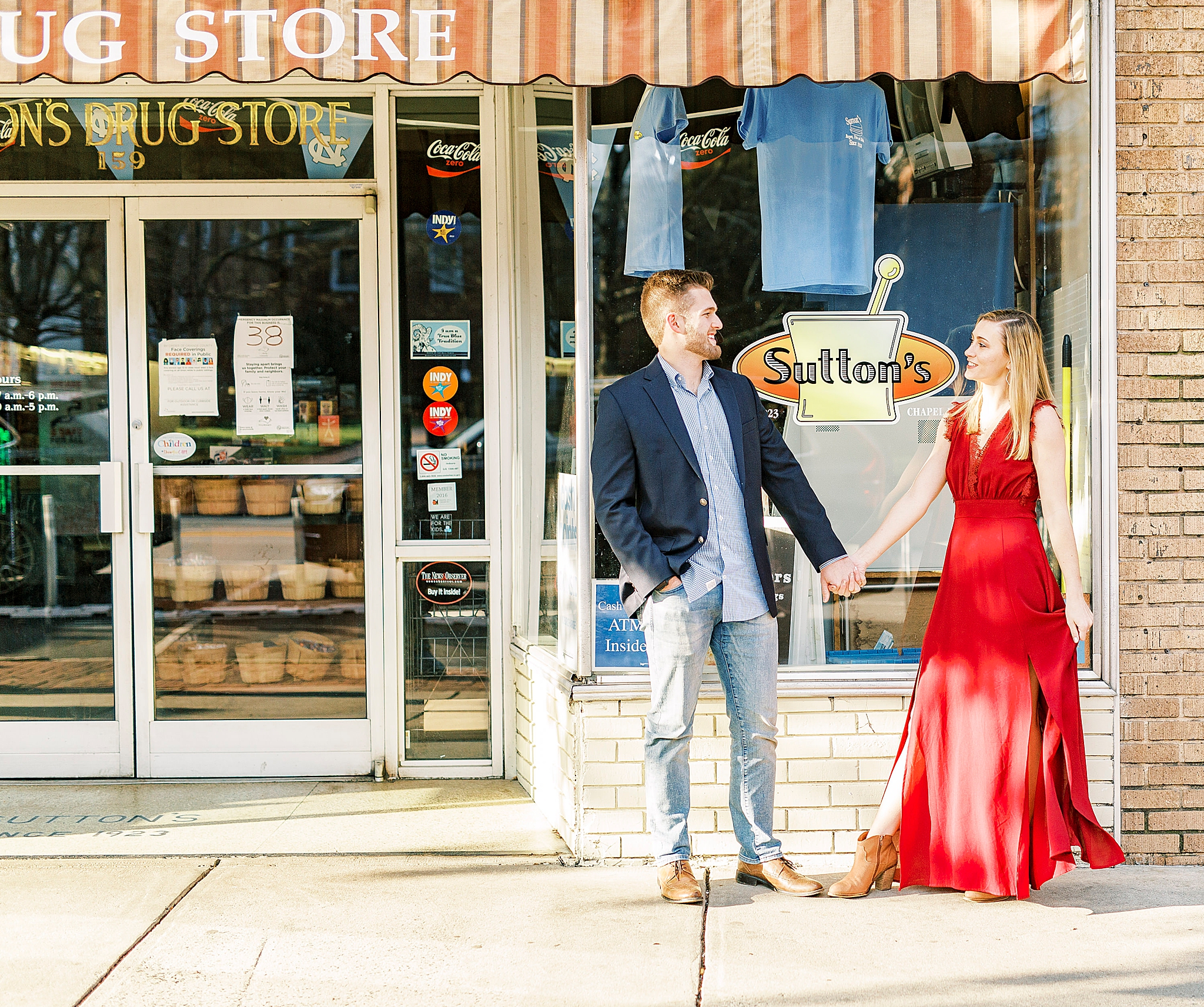 Chapel Hill engagement session in front of Sutton's Drugstore