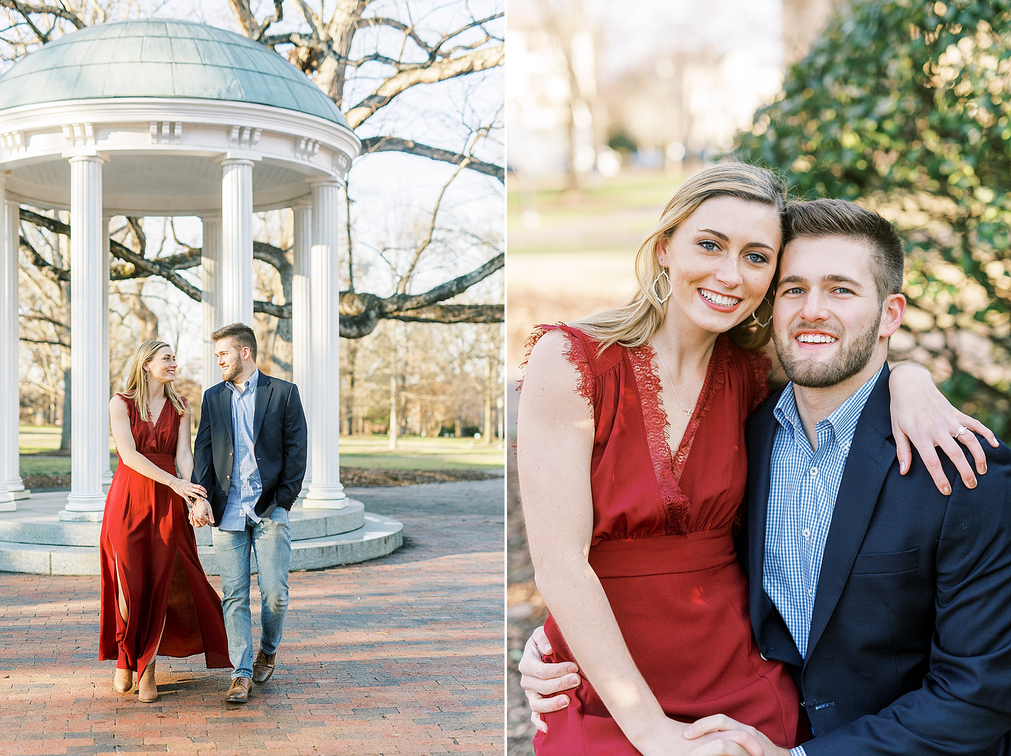 engaged couple poses in downtown Chapel Hill on bench