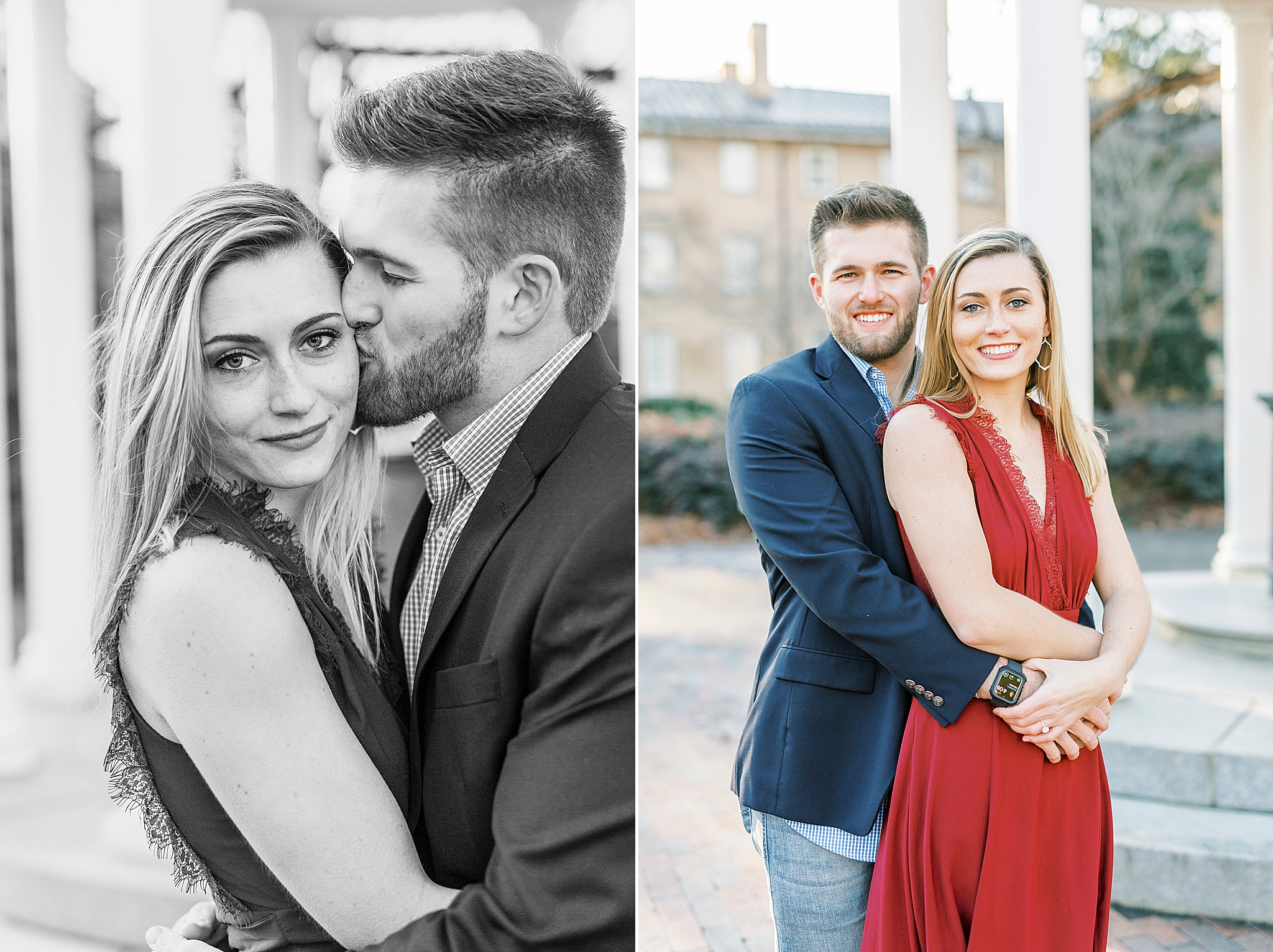 groom kisses fiancee's cheek during Chapel Hill engagement session
