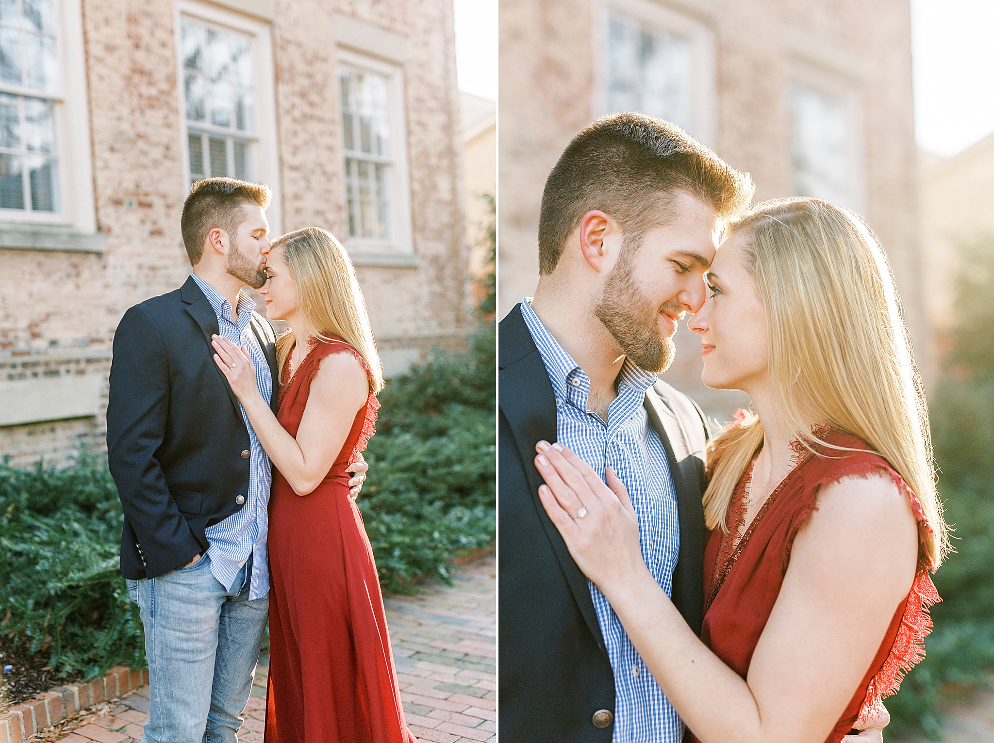 bride in red dress hugs groom during winter Chapel Hill engagement session