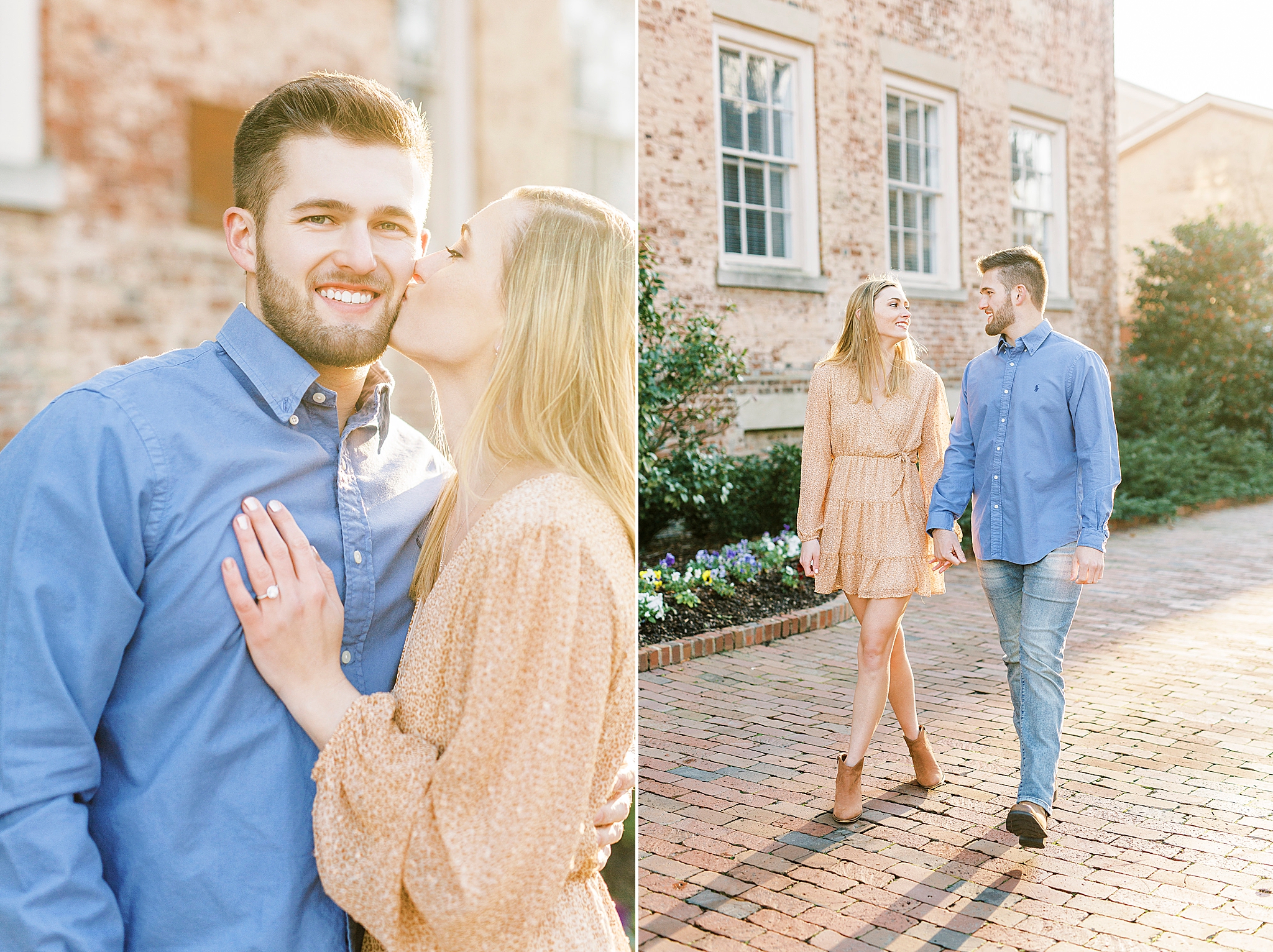 bride leans up to kiss fiance during Chapel Hill engagement session