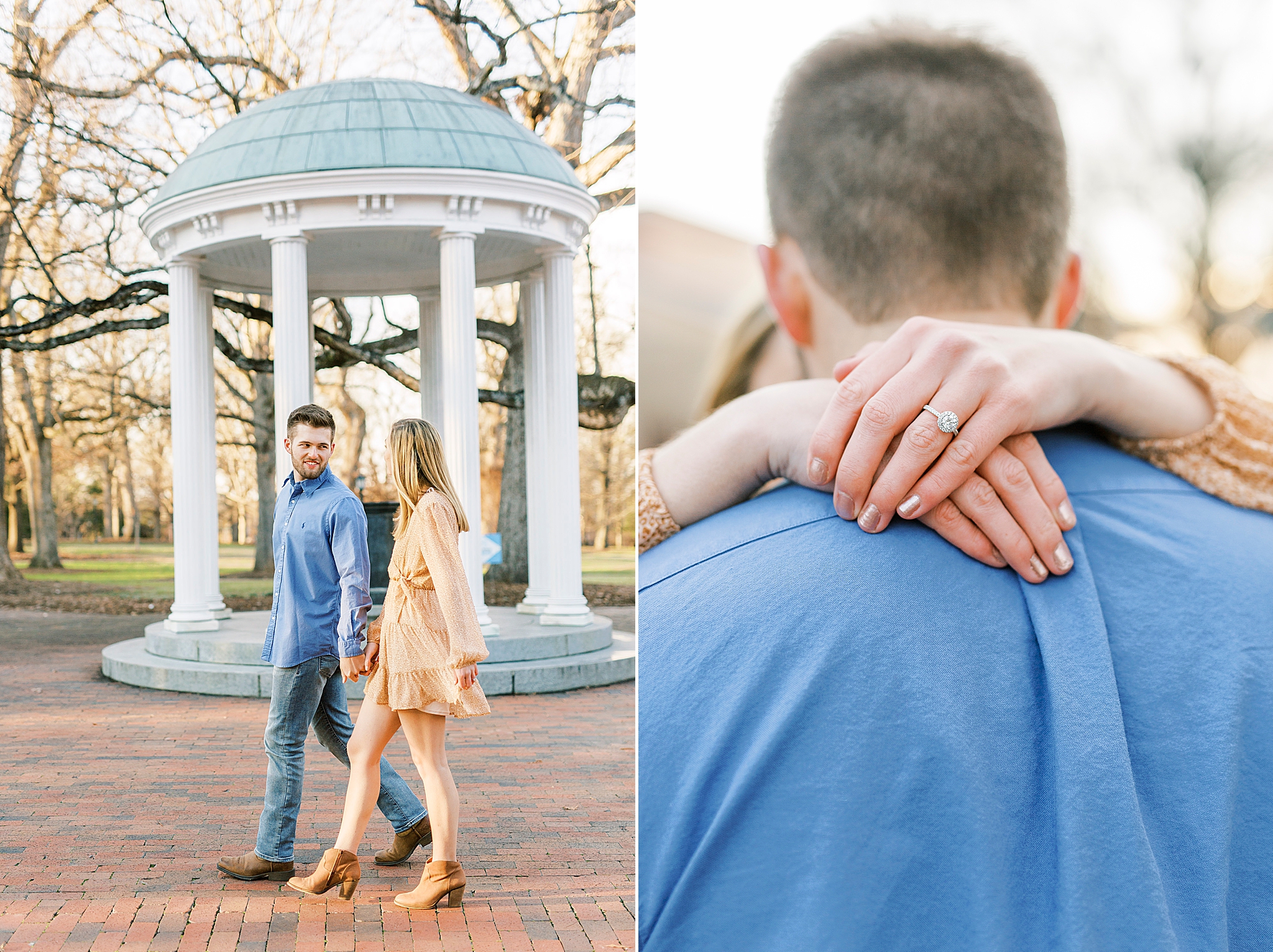 winter Chapel Hill engagement session with bride holding groom's neck