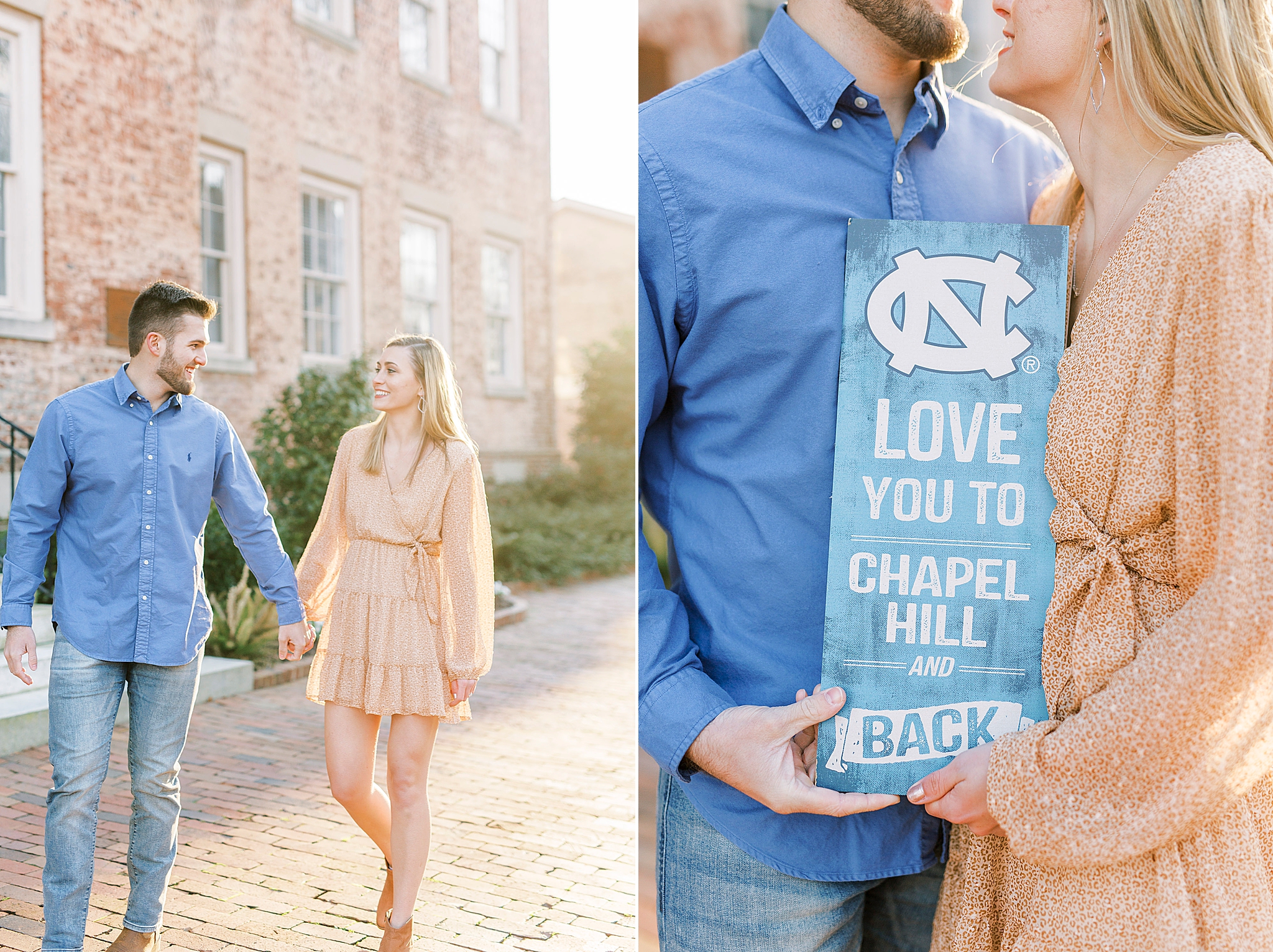 Chapel Hill engagement portraits with blue Tarheels sign