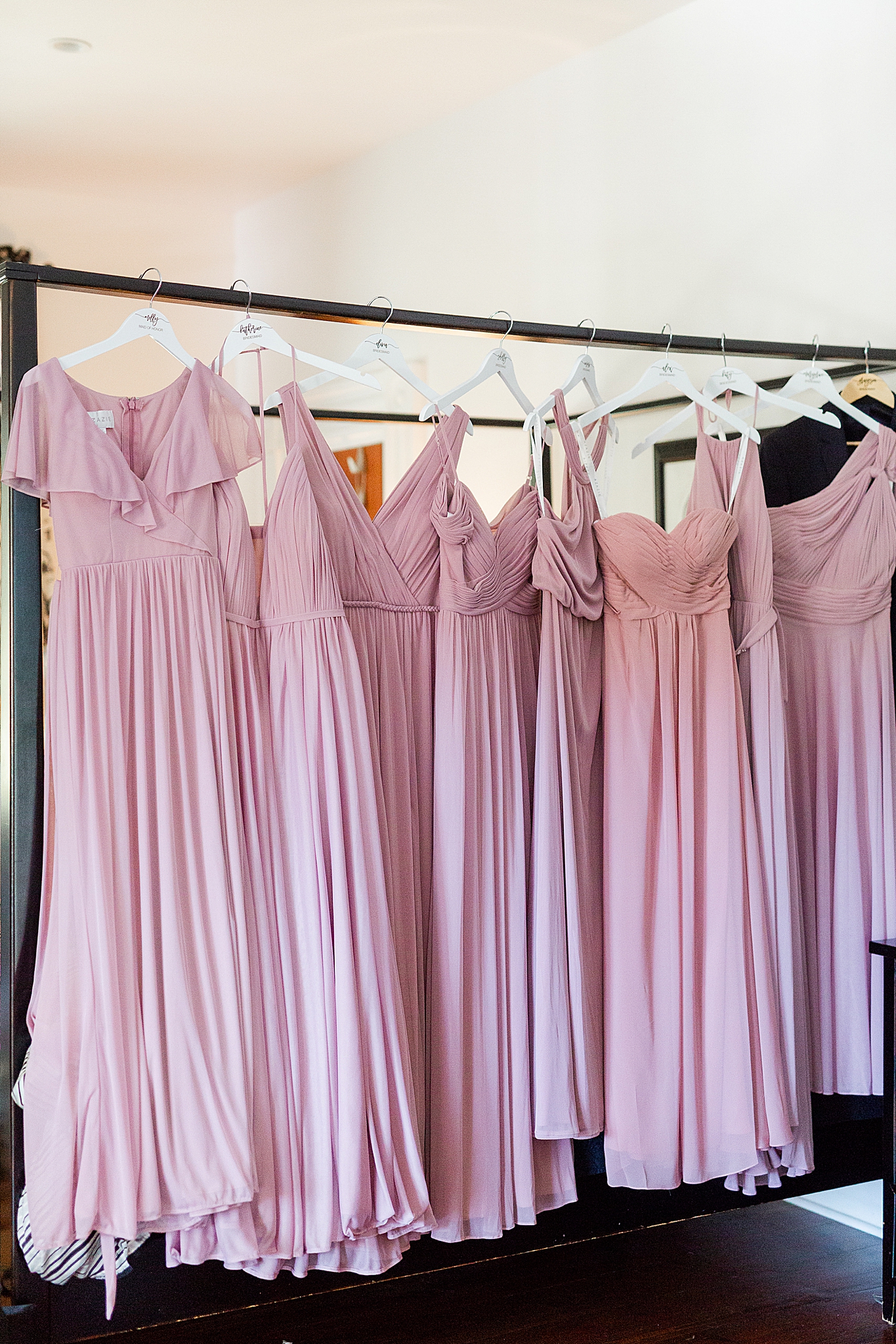 mauve bridesmaid dresses hang in North Carolina