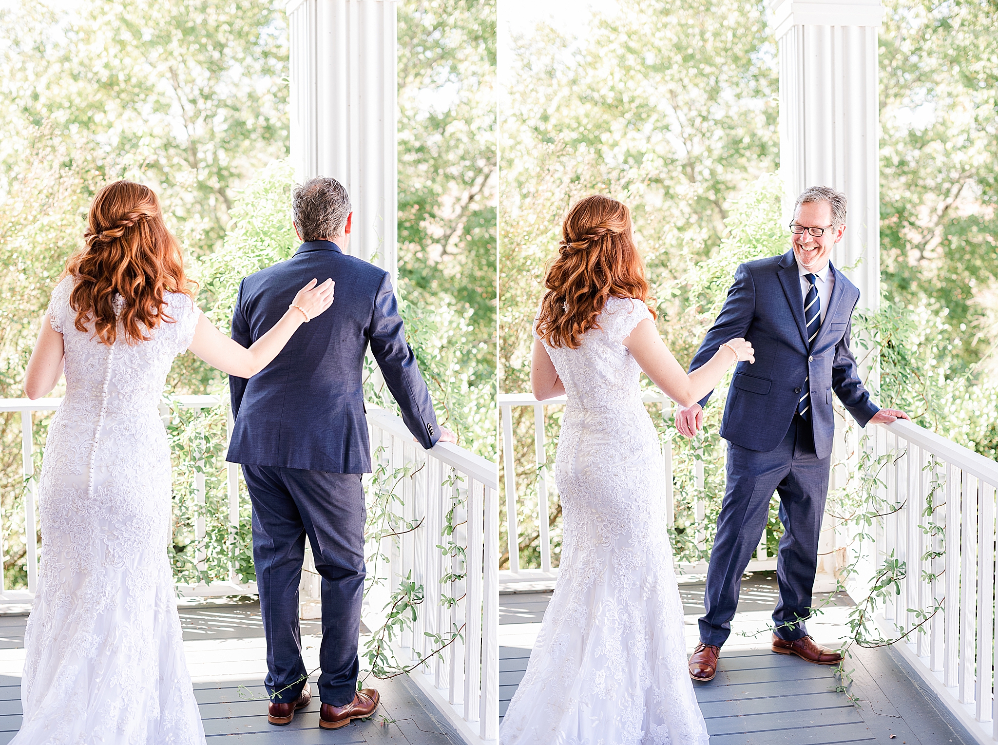bride and father have first look before classic Southern wedding day