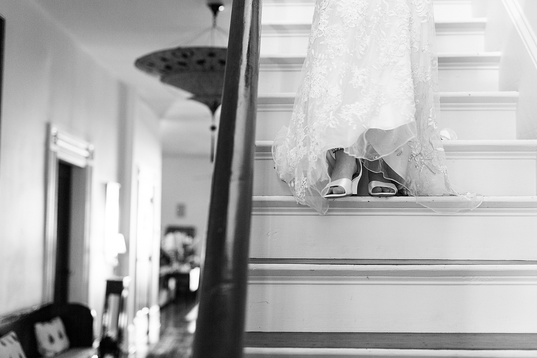 bride walks down steps in Warrenton NC