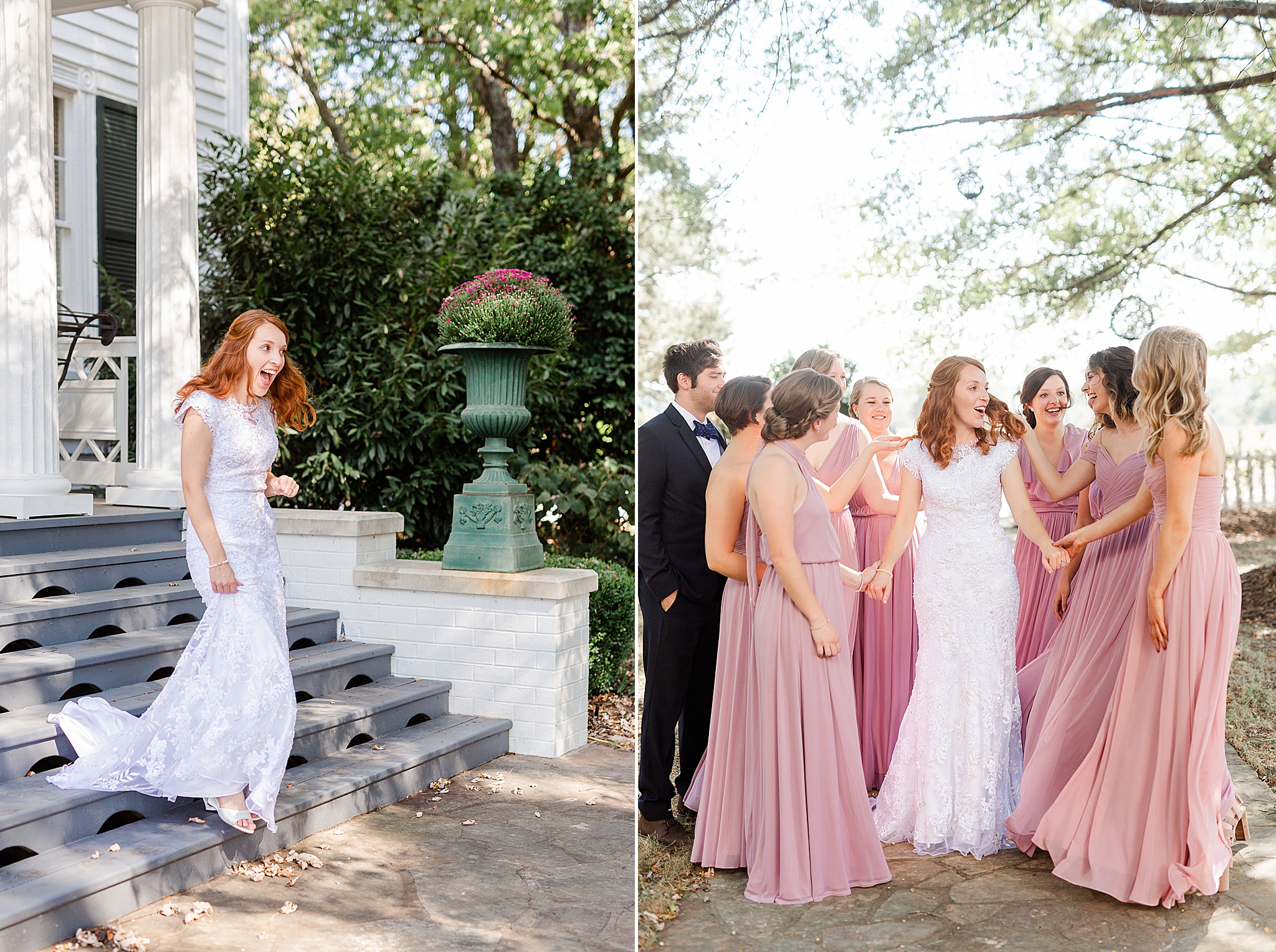 bride approaches bridesmaids and bridesman before classic Southern wedding
