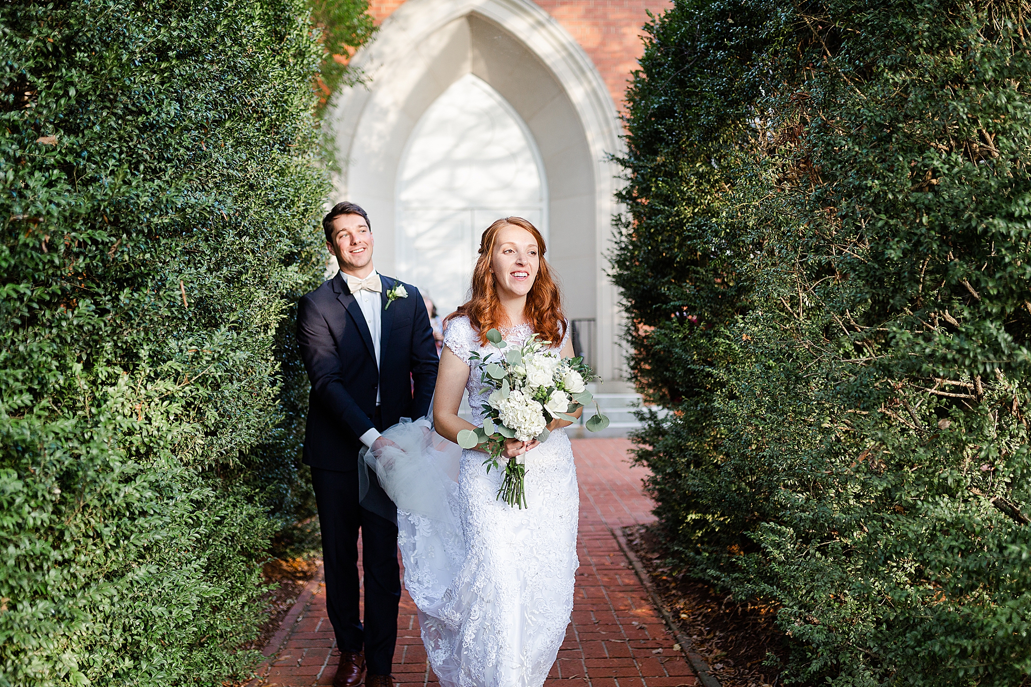 bride and groom leave NC church after ceremony