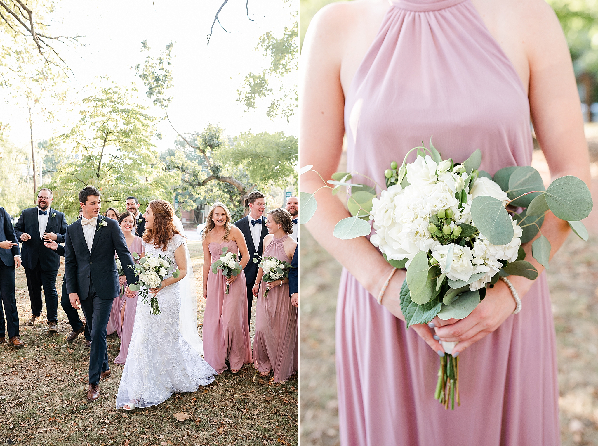 newlyweds walk with groomsmen and bridesmaids in pink gowns