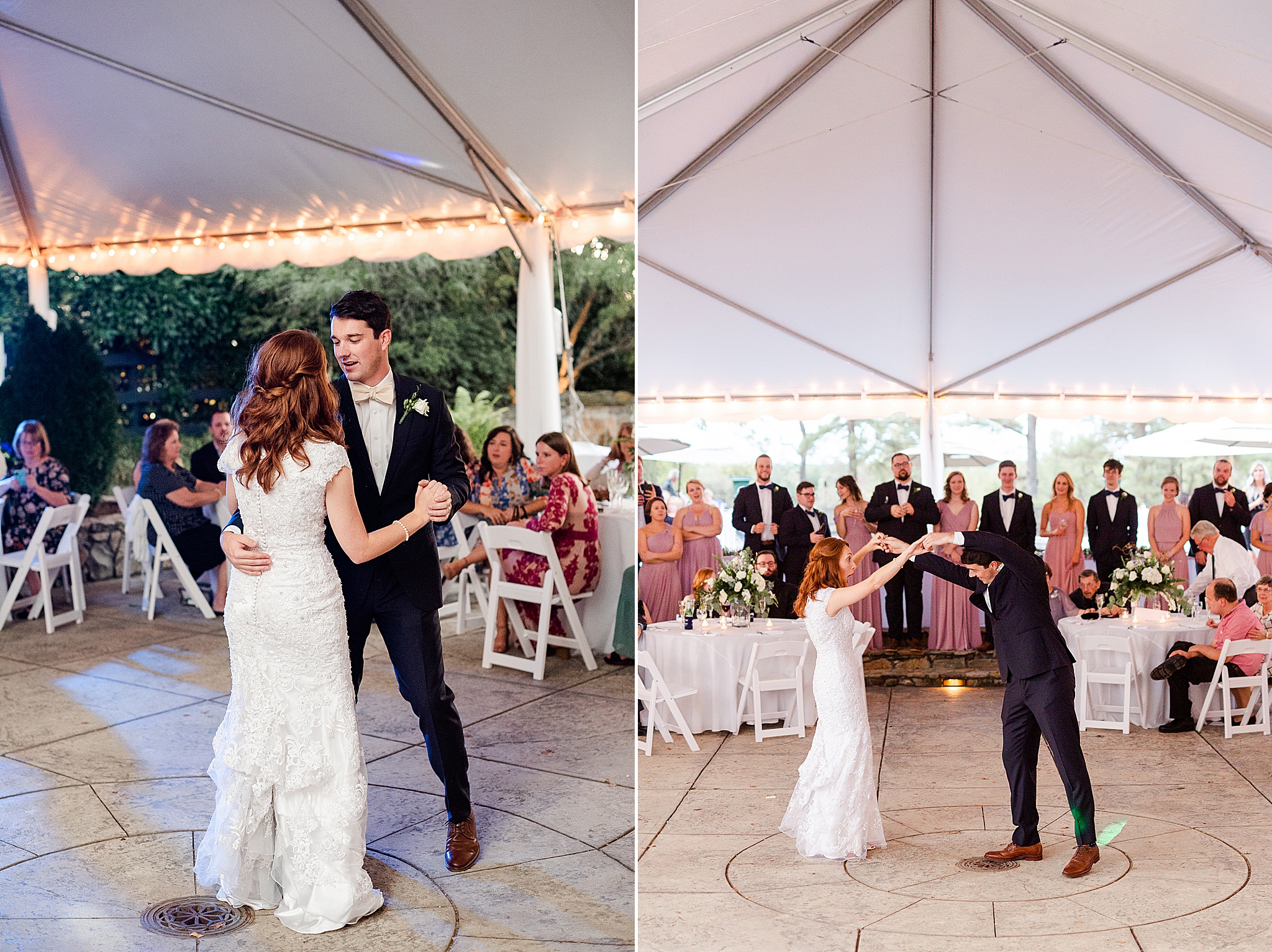 bride and groom dance together at Lake O' The Woods Plantation wedding reception