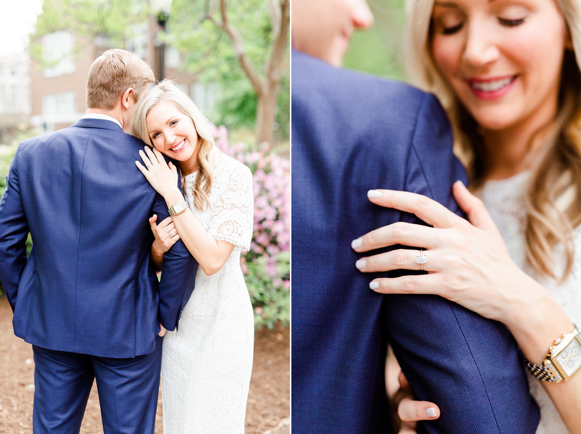bride and groom pose together during stylish Charlotte engagement session