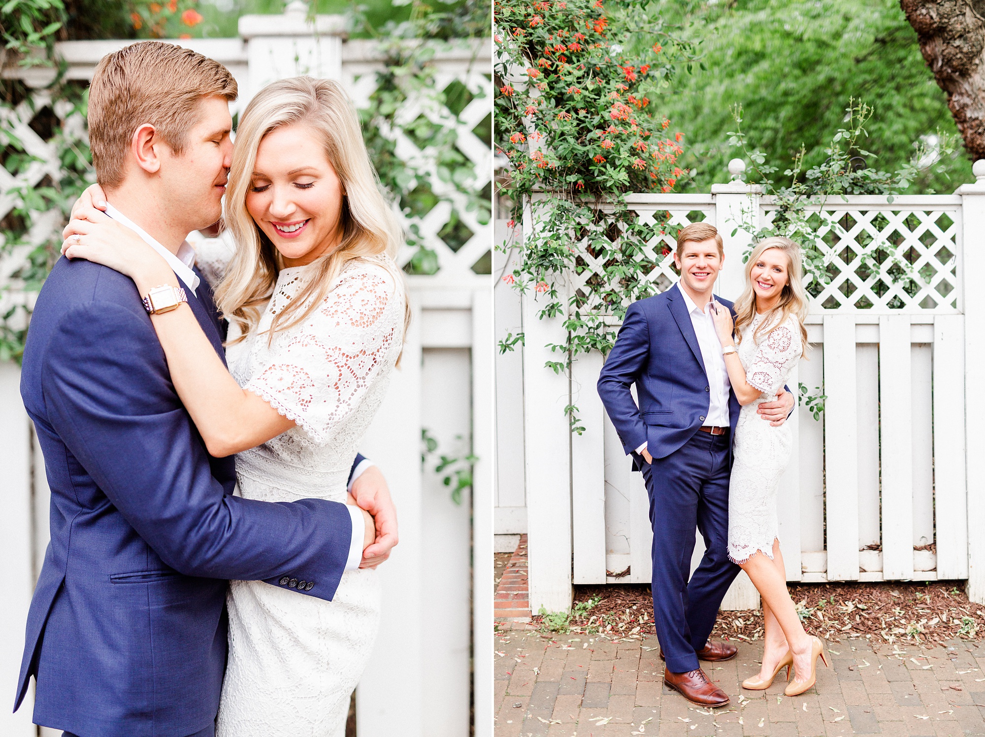 engaged couple sits along white fence in Charlotte NC