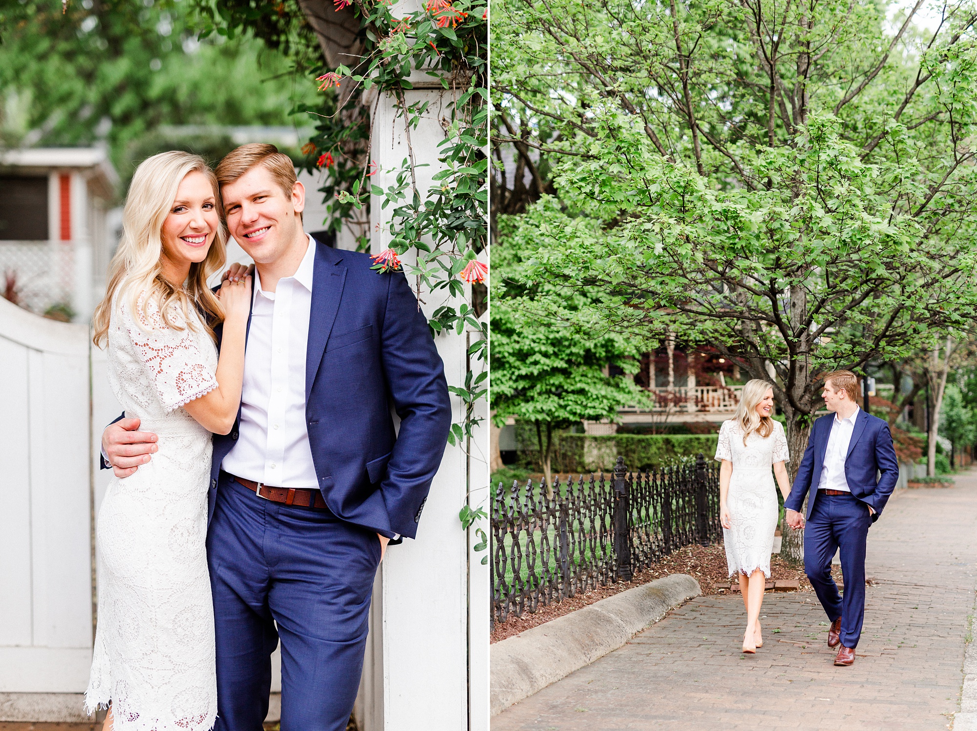 bride and groom pose together during spring engagement session