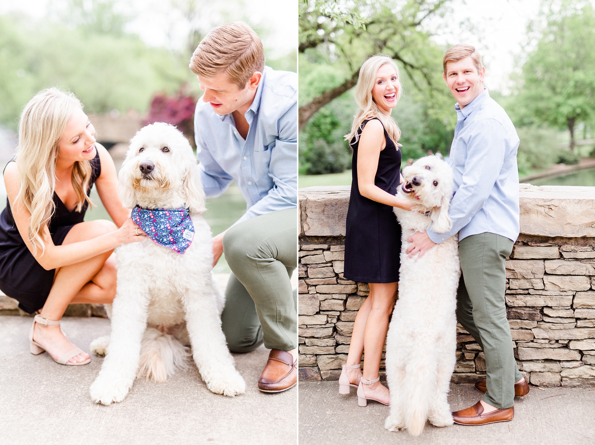engaged couple poses with golden doodle during photos in Freedom Park