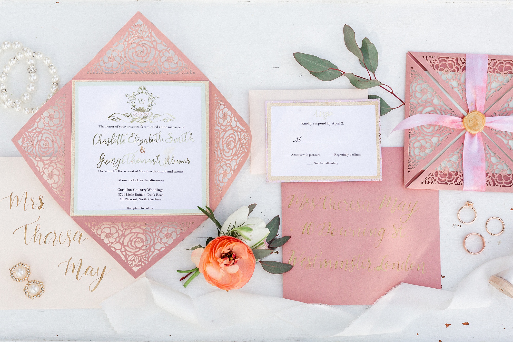 pink and ivory springtime wedding invitation