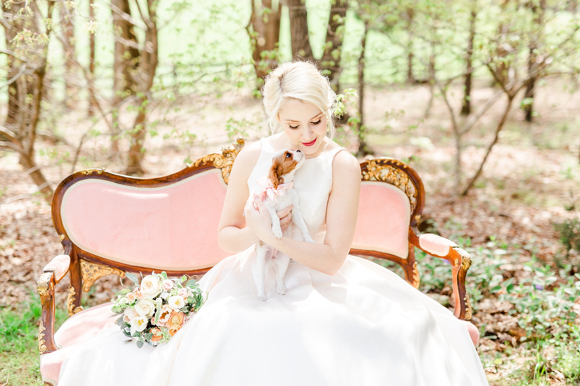 bride cuddles with puppy dog on pink couch at Carolina Country Weddings