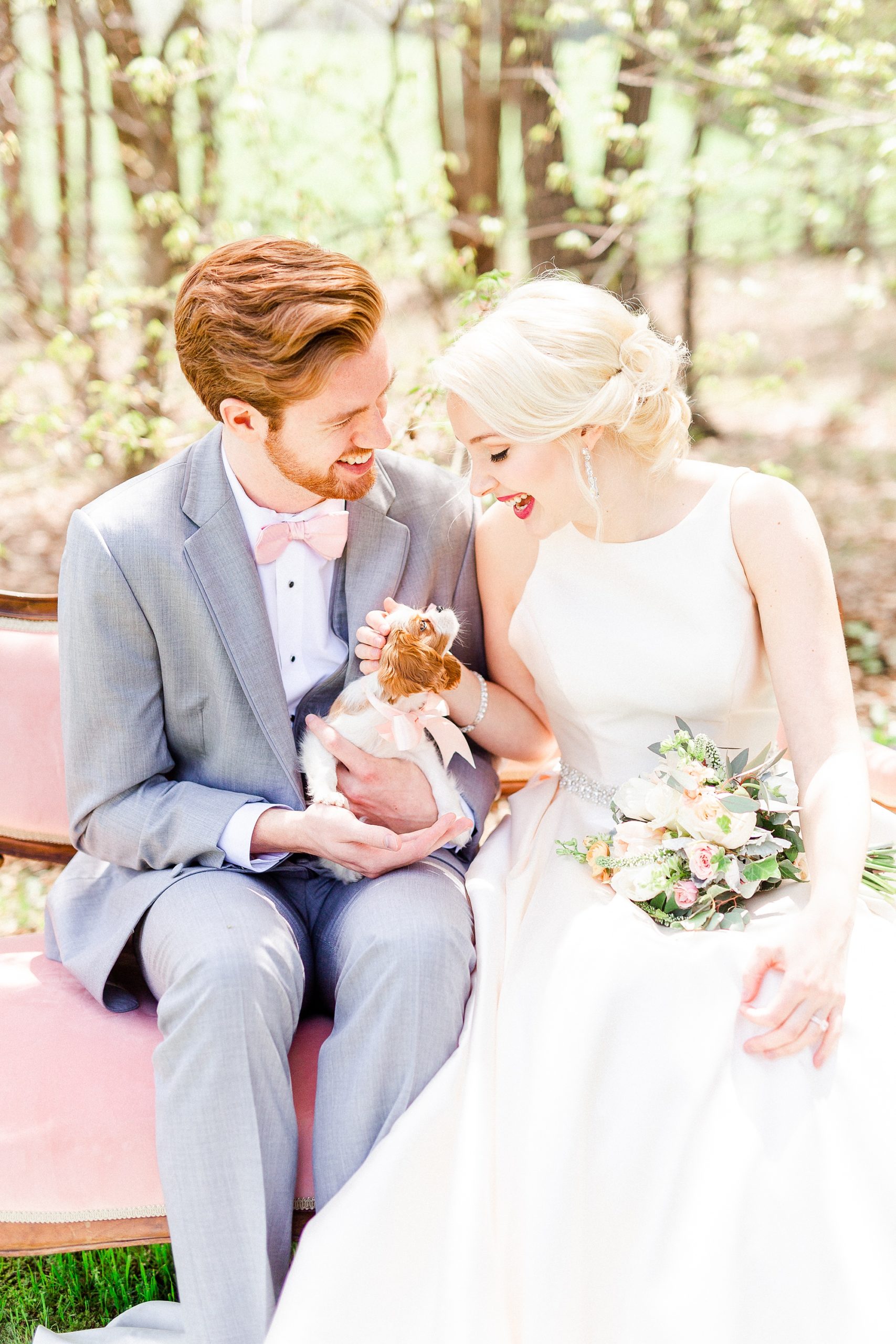 newlyweds pose with puppy dog at Carolina Country Weddings