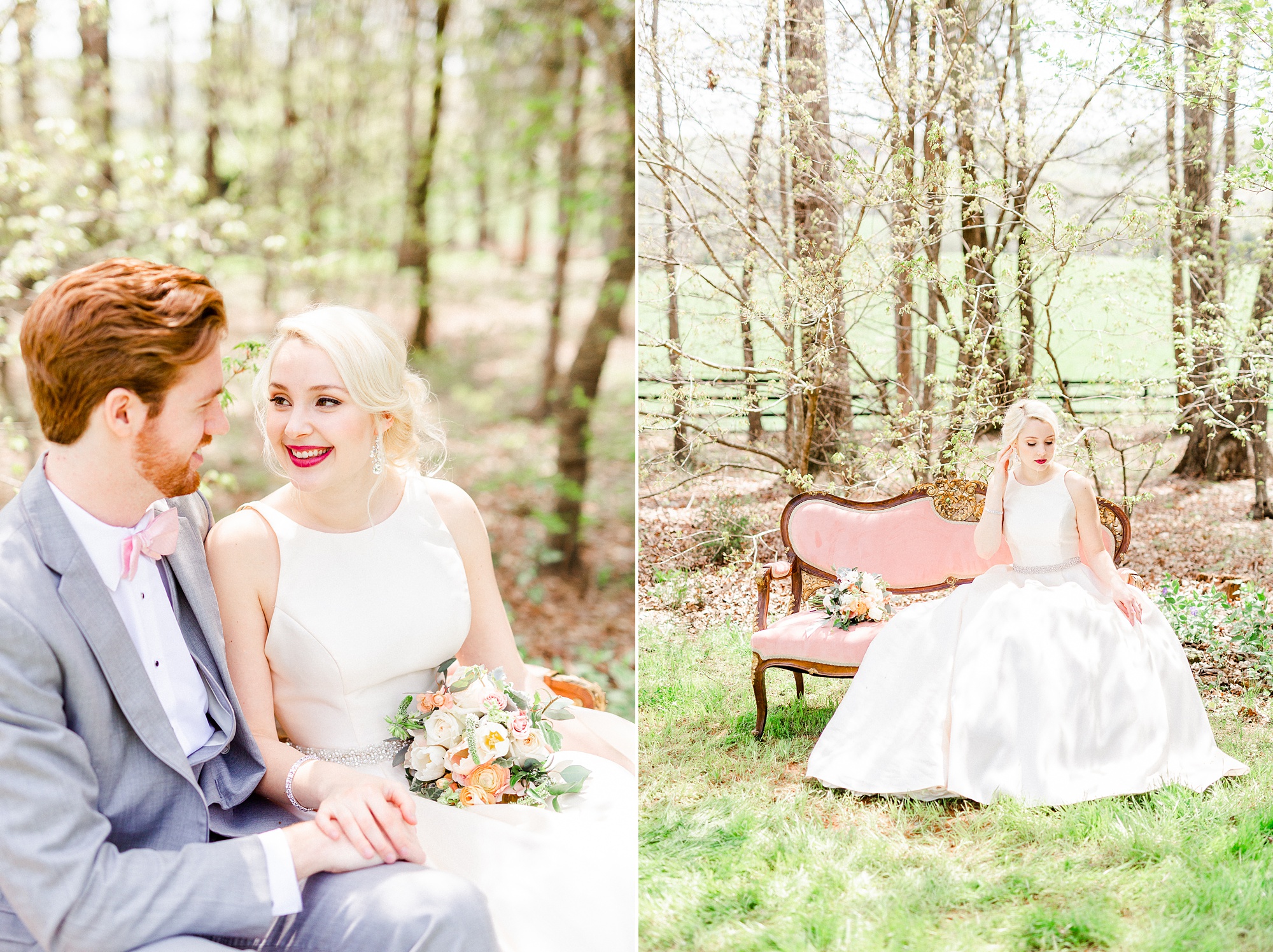 spring Carolina Country Weddings portraits on pink couch