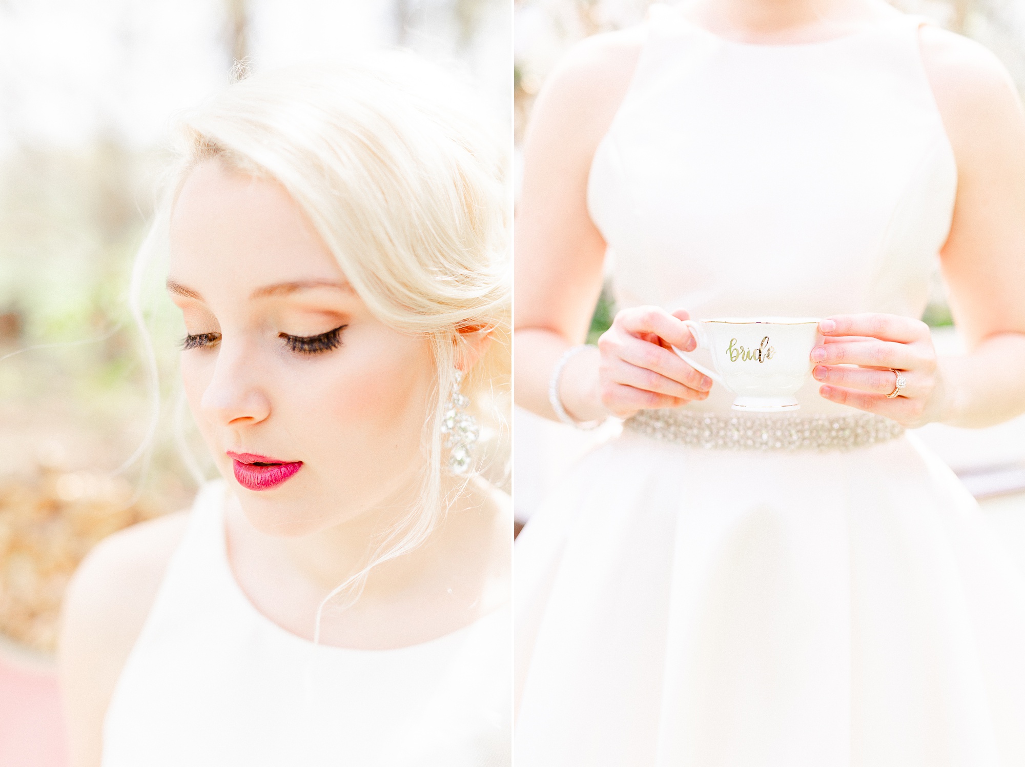 bride holds custom teacup during high tea inspired styled shoot