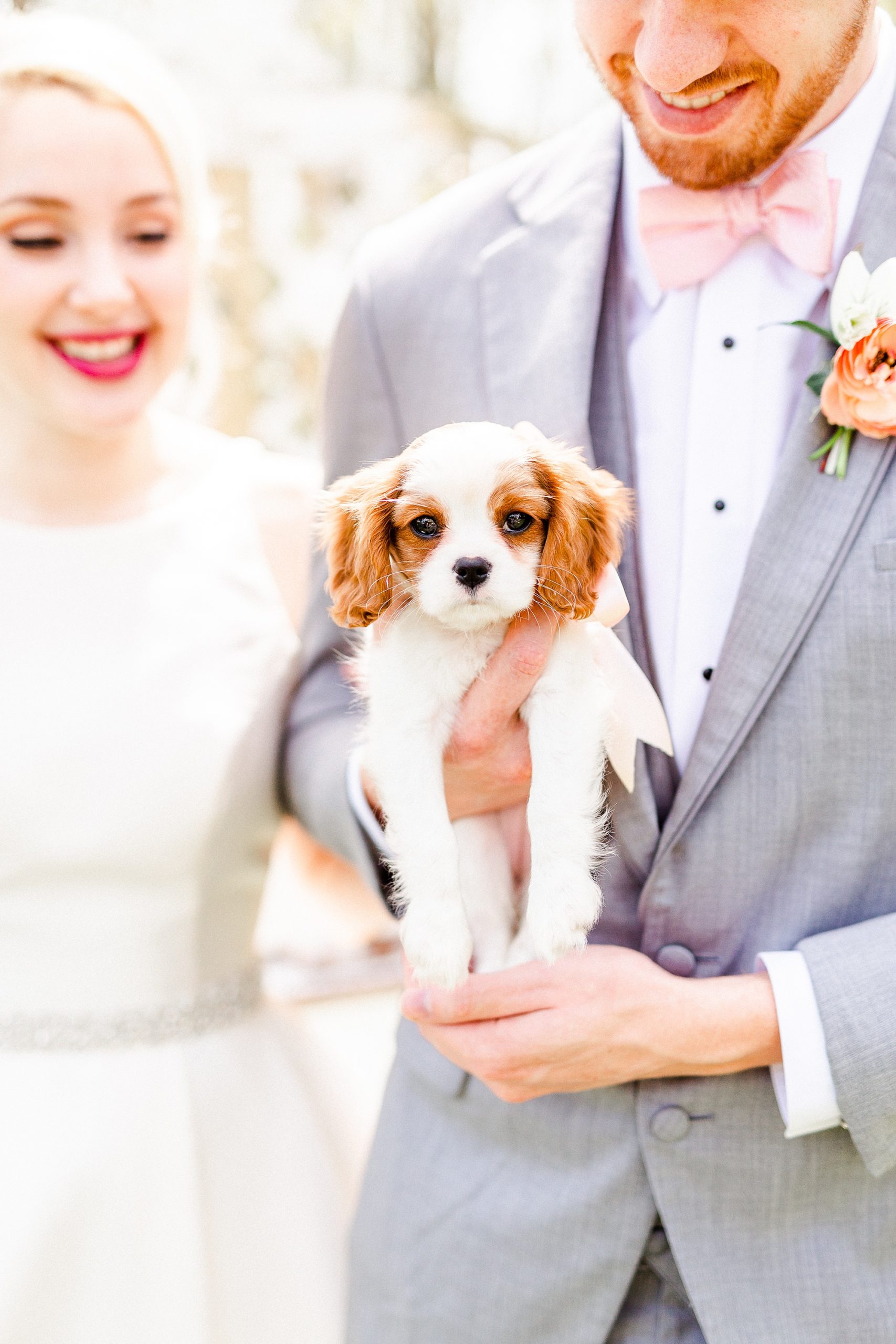 couple holds dog during spring wedding photos at Carolina Country Weddings