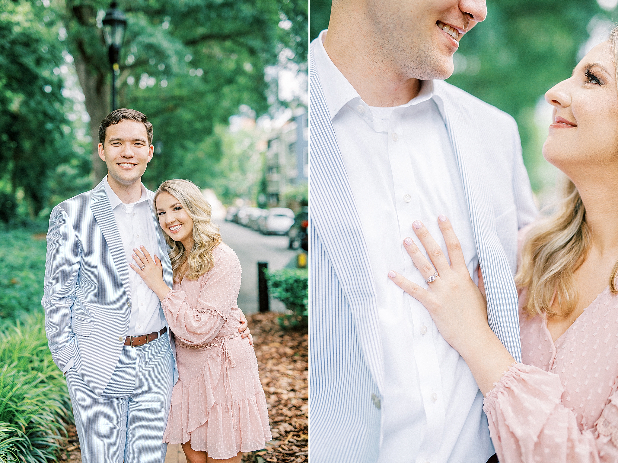 couple in pastel outfits poses in uptown Charlotte