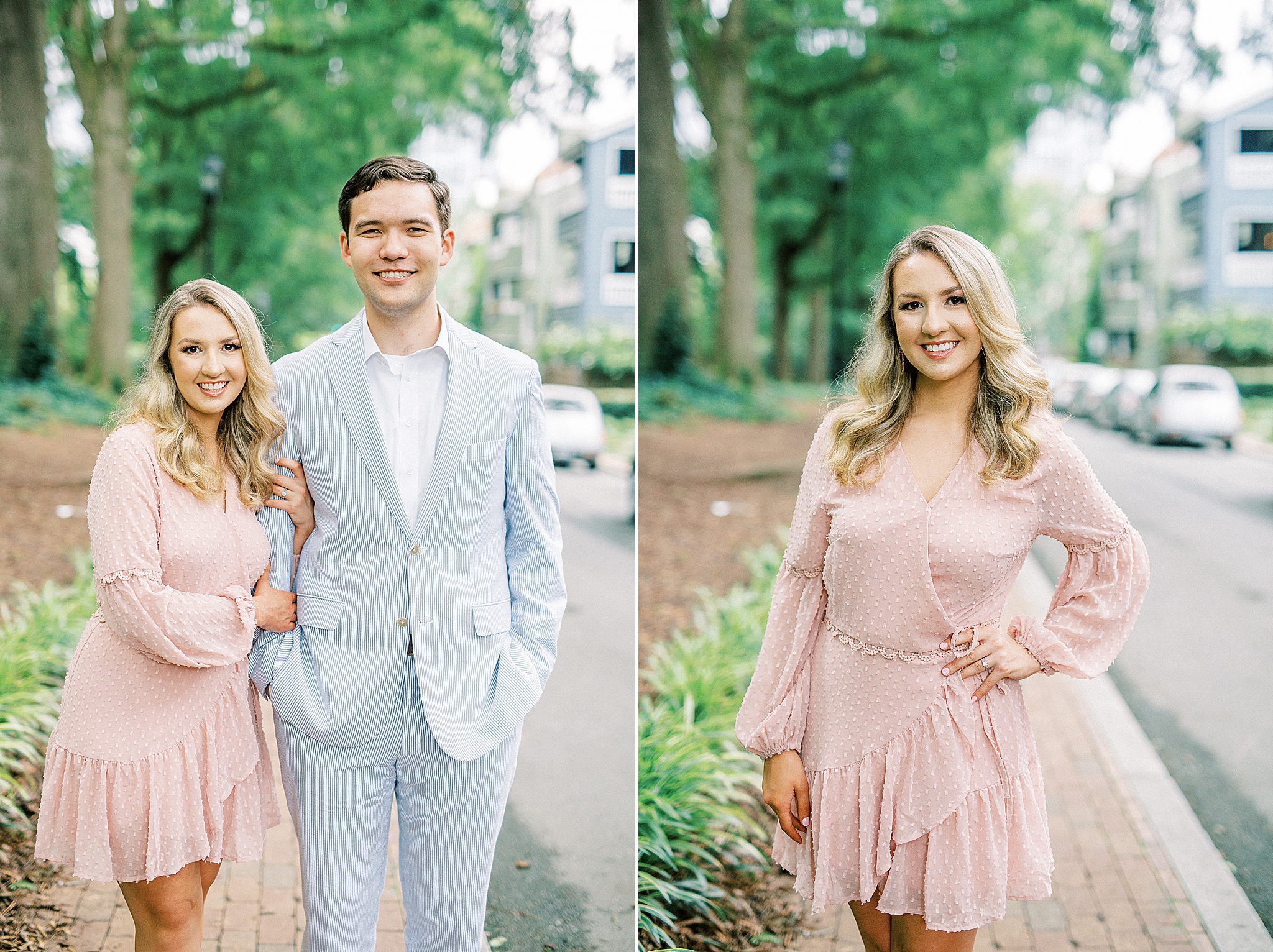 bride in pink dress poses with her hand on her hip during uptown Charlotte photos
