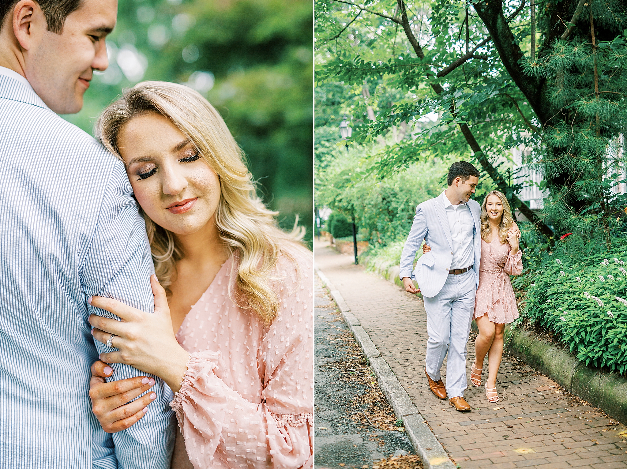 springtime engagement session with bride in pastel pink gown and groom in blue suit