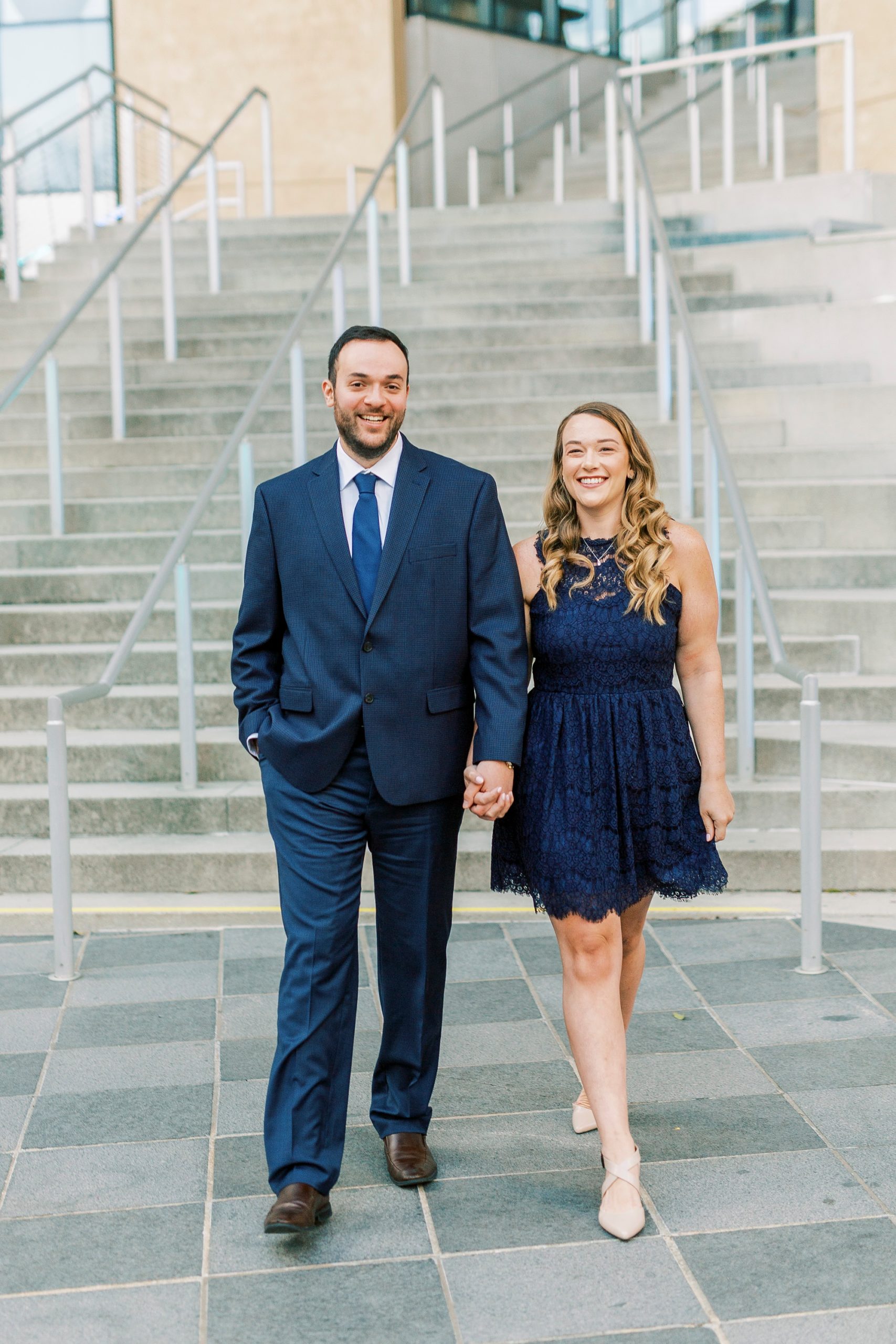 engagement session on steps of Mint Museum in Charlotte