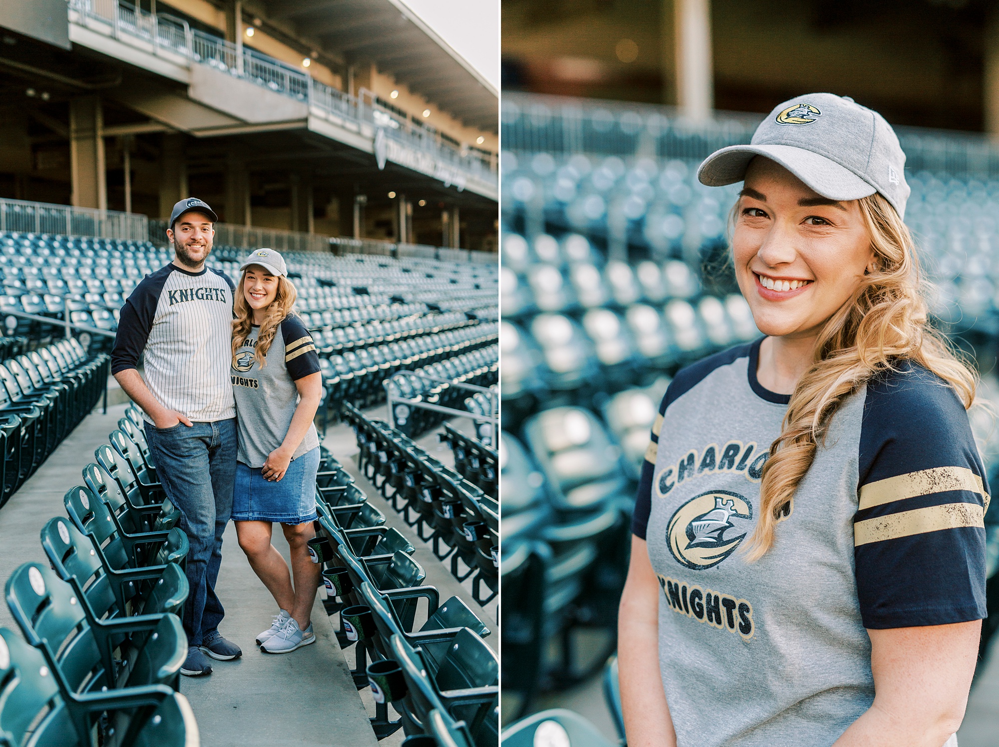 Truist Field engagement portraits for couple in Charlotte Knights t-shirts