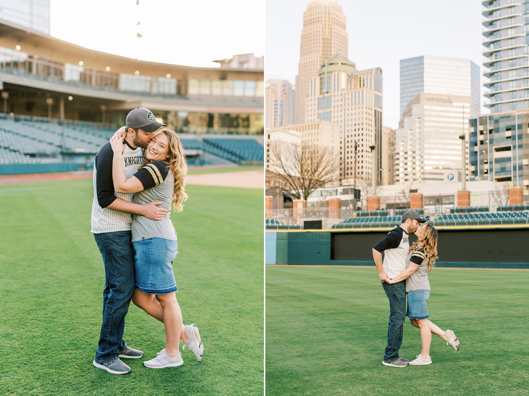 Truist Field engagement portraits with Charlotte skyline behind couple