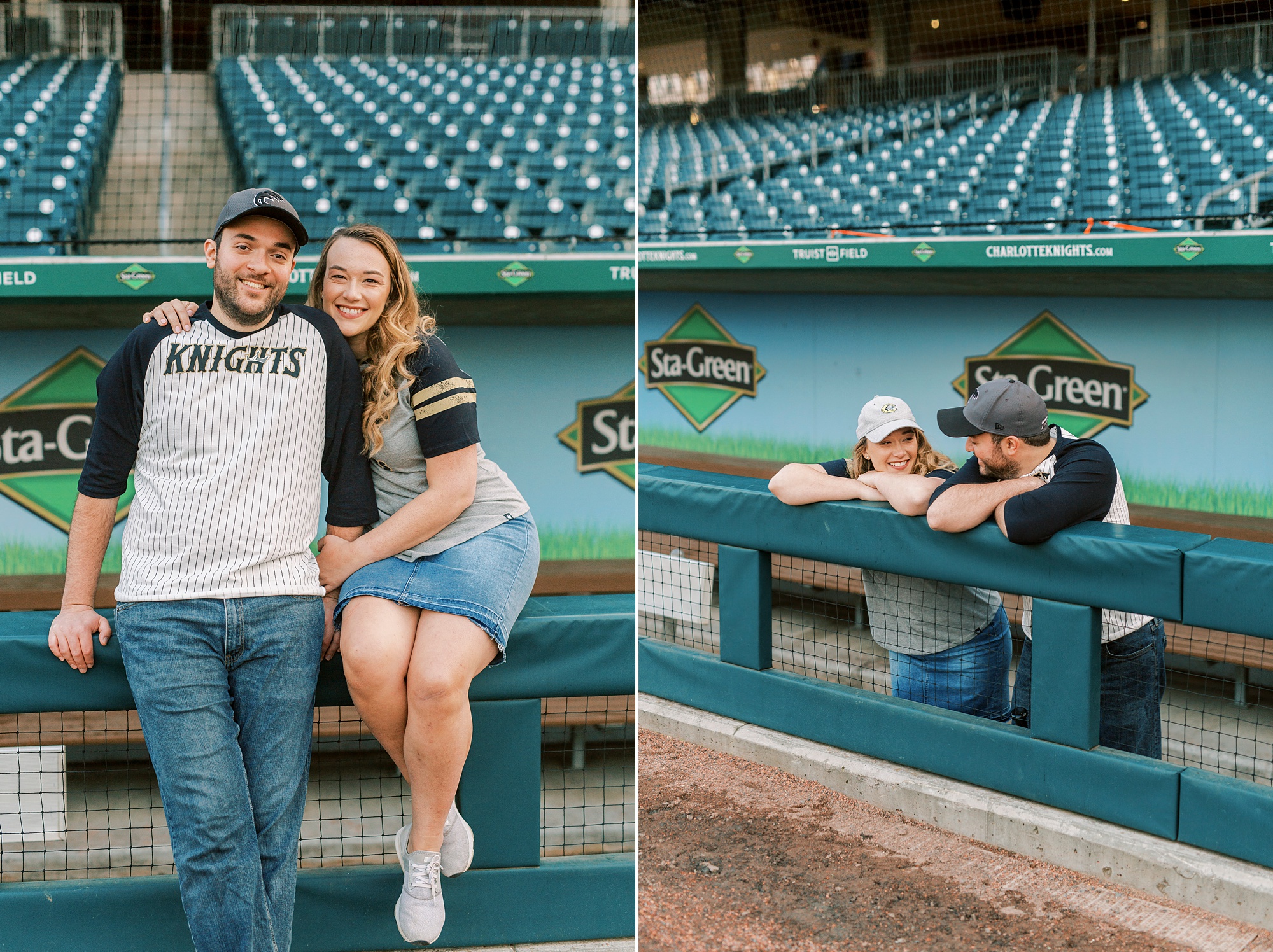 engaged couple sits along dugout in Truist Field