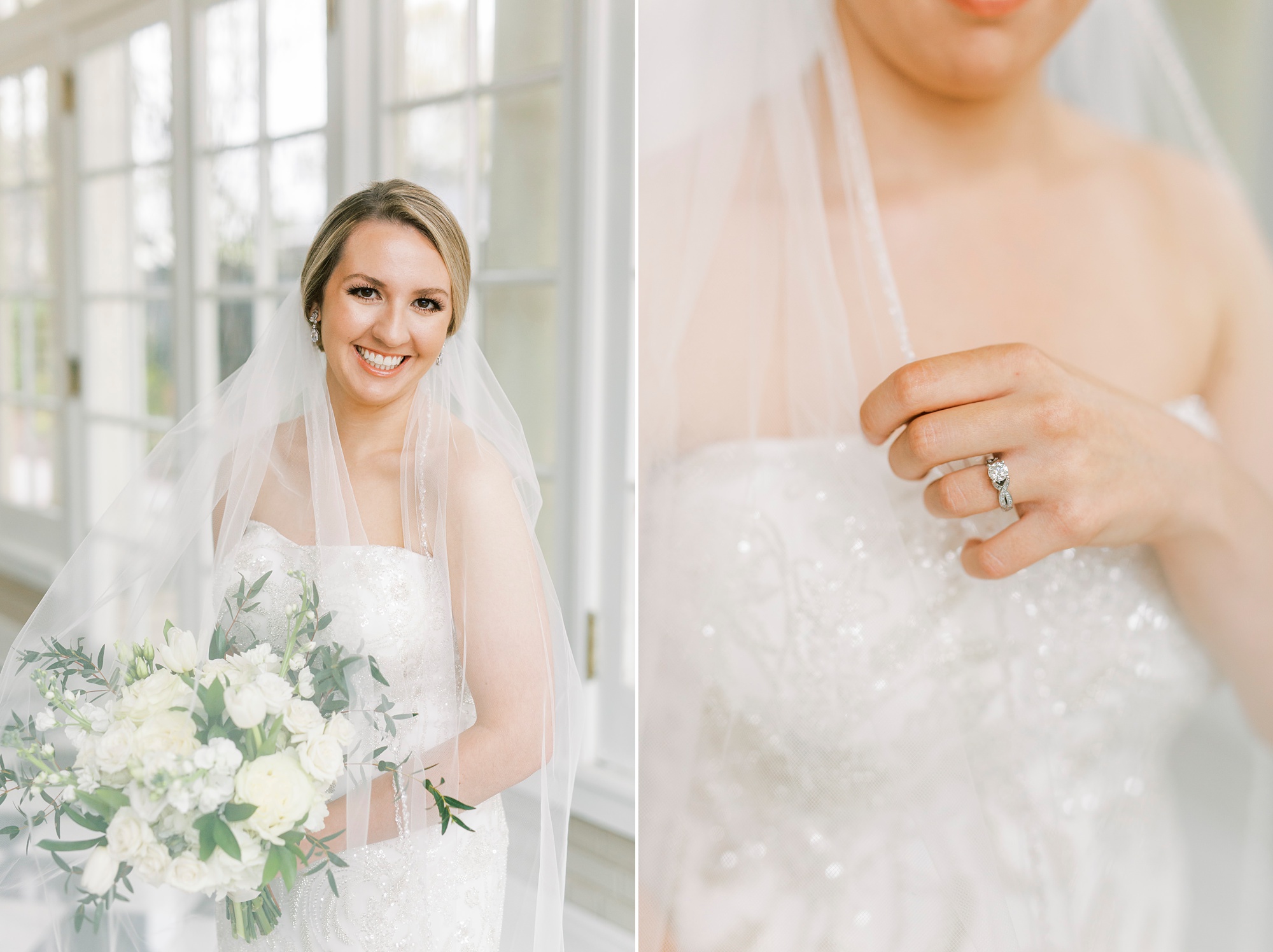 bridal portraits in Separk Mansion with cathedral veil wrapped around shoulders