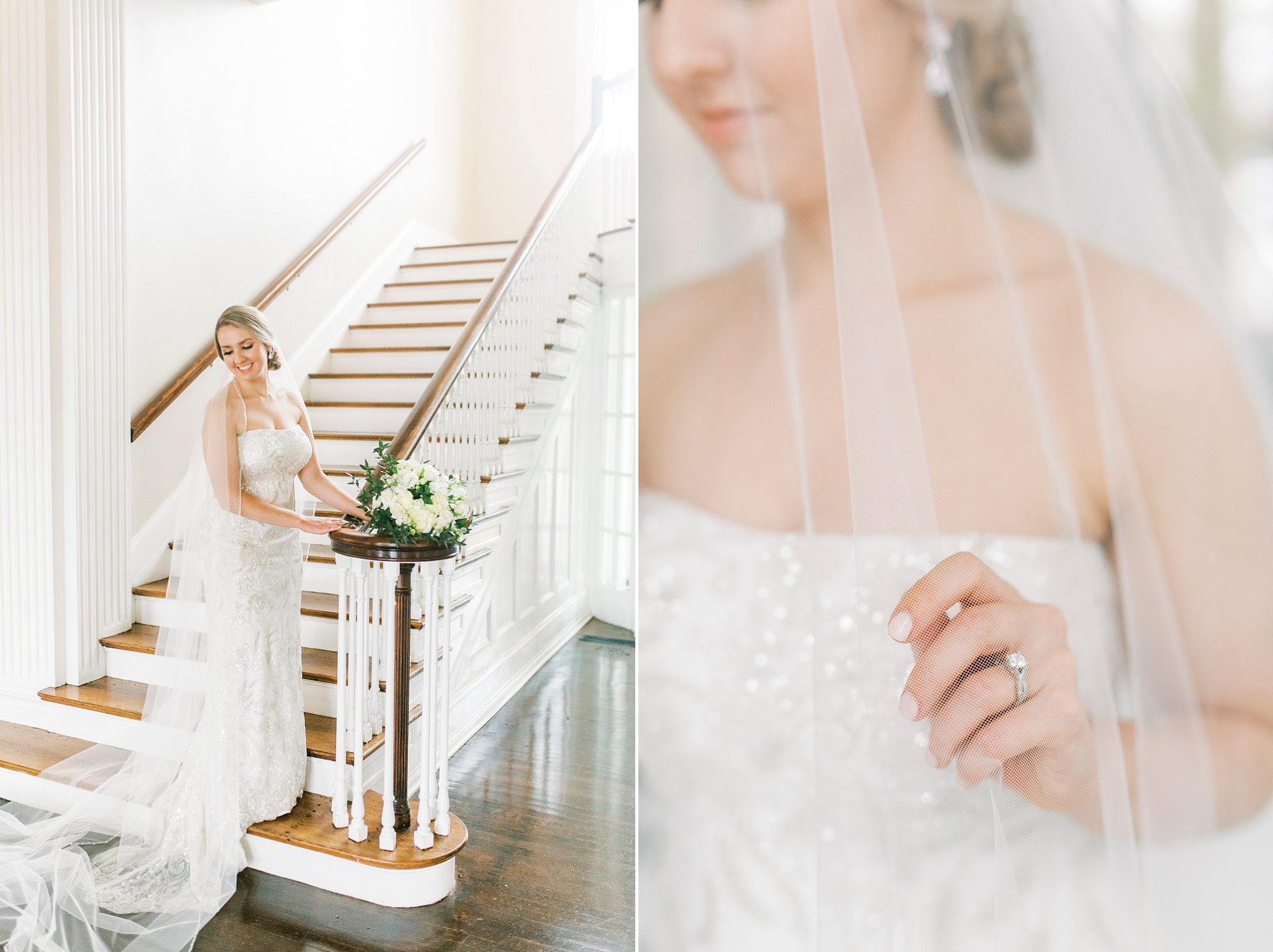 bride holds cathedral veil on staircase in Separk Mansion