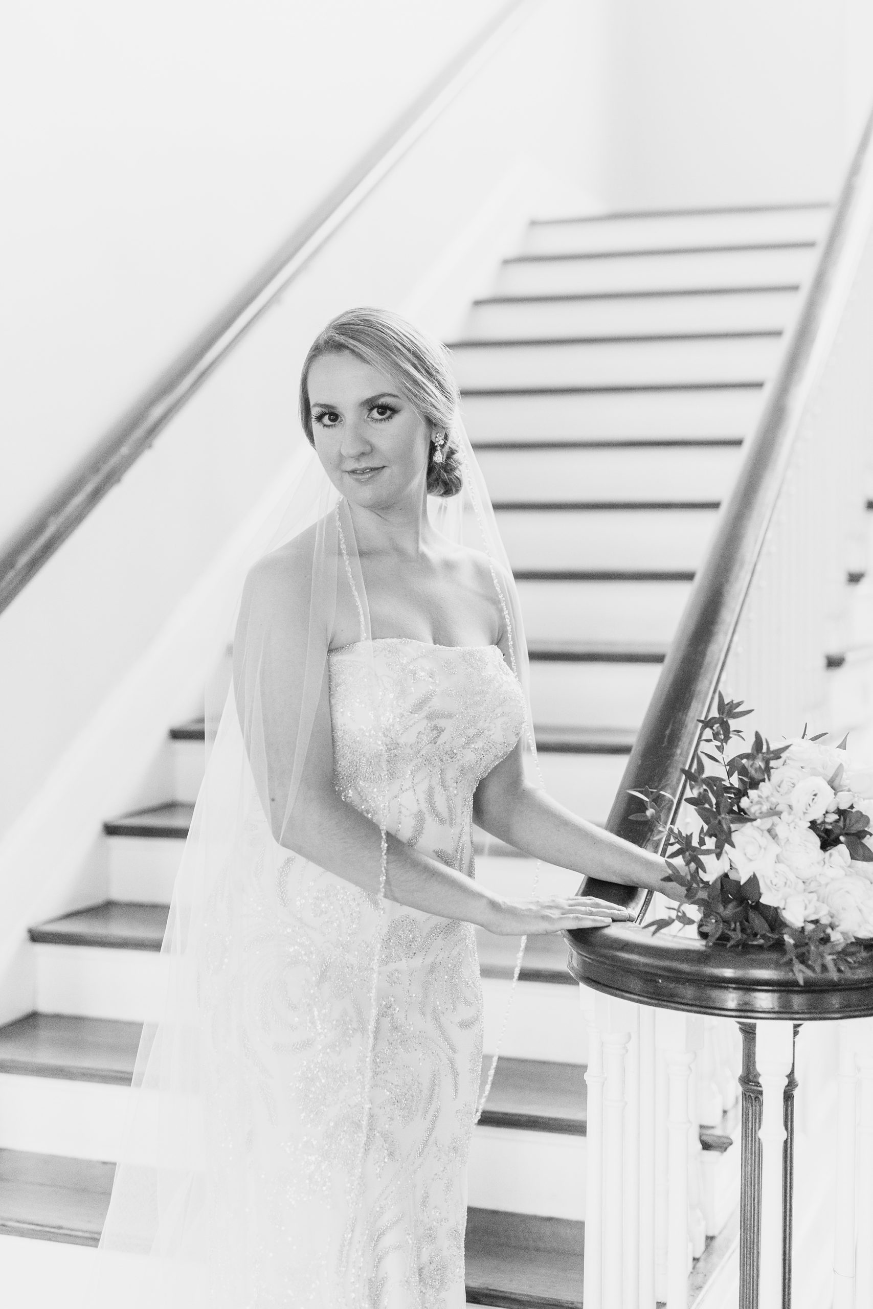 Charlotte NC bridal portrait on staircase of Separk Mansion