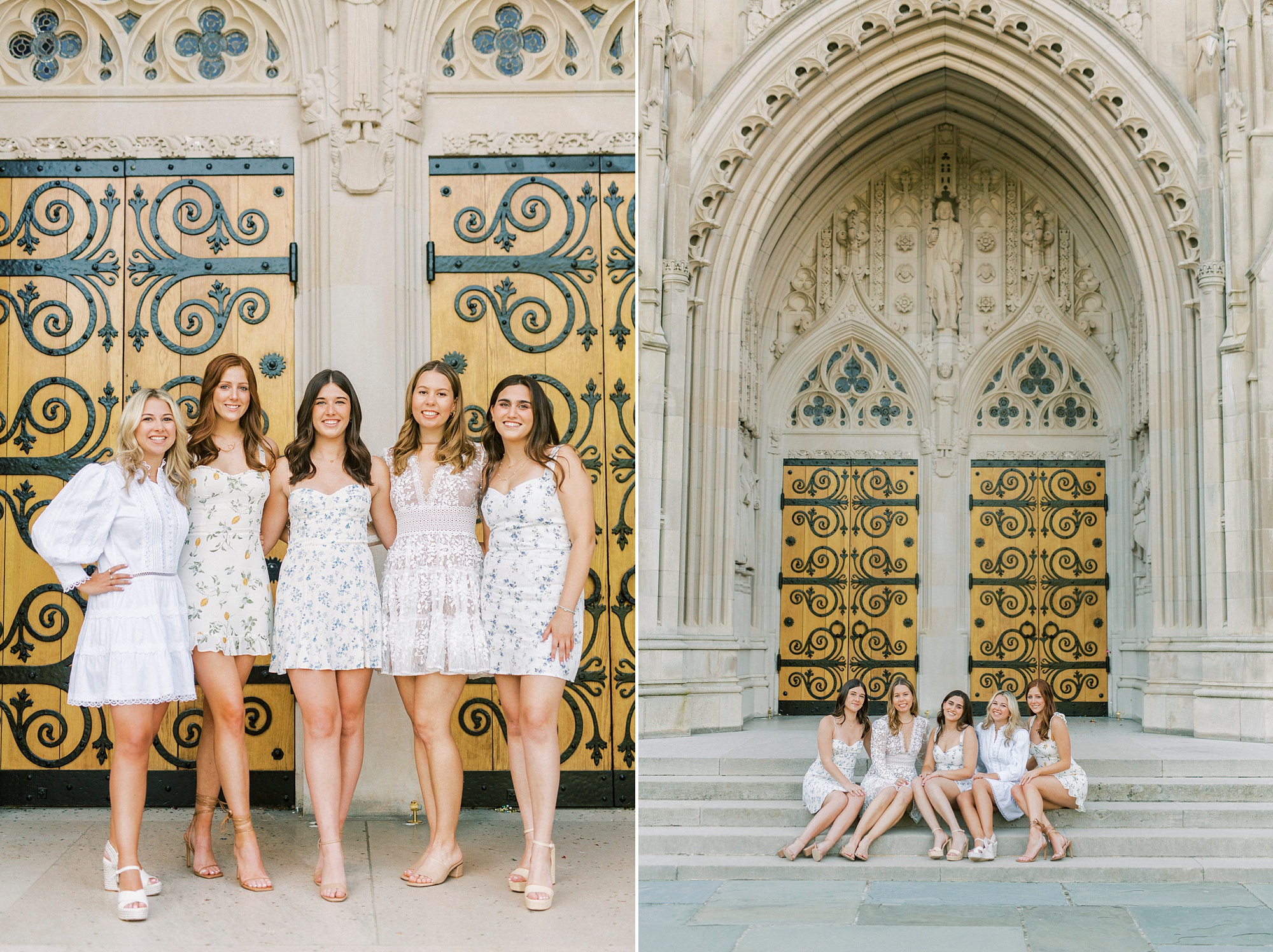 graduate girls pose in front of Duke Chapel during graduation portraits