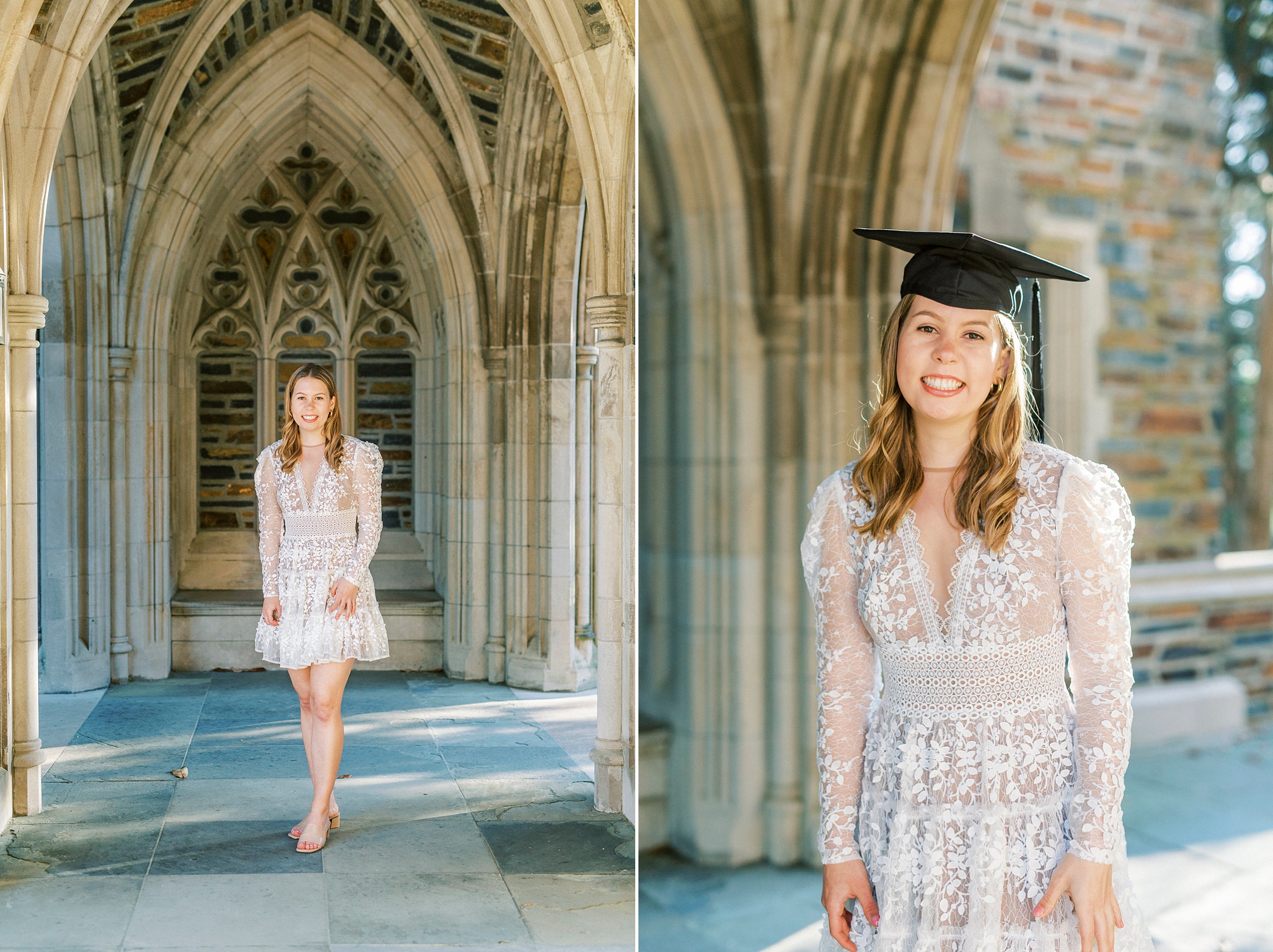 college senior poses with cap and gown during Duke University graduation portraits