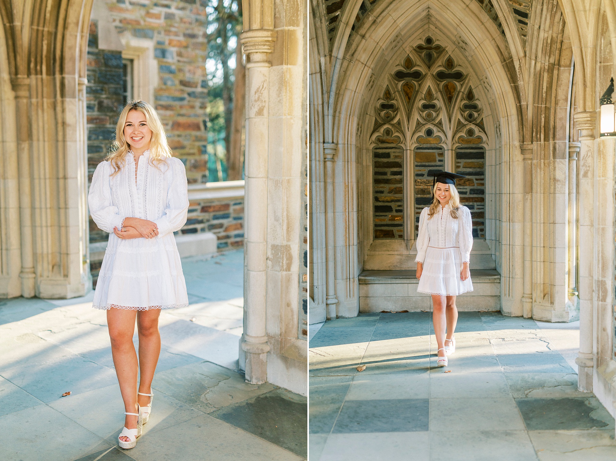 Duke University graduation portraits for girl in white dress by Duke Chapel