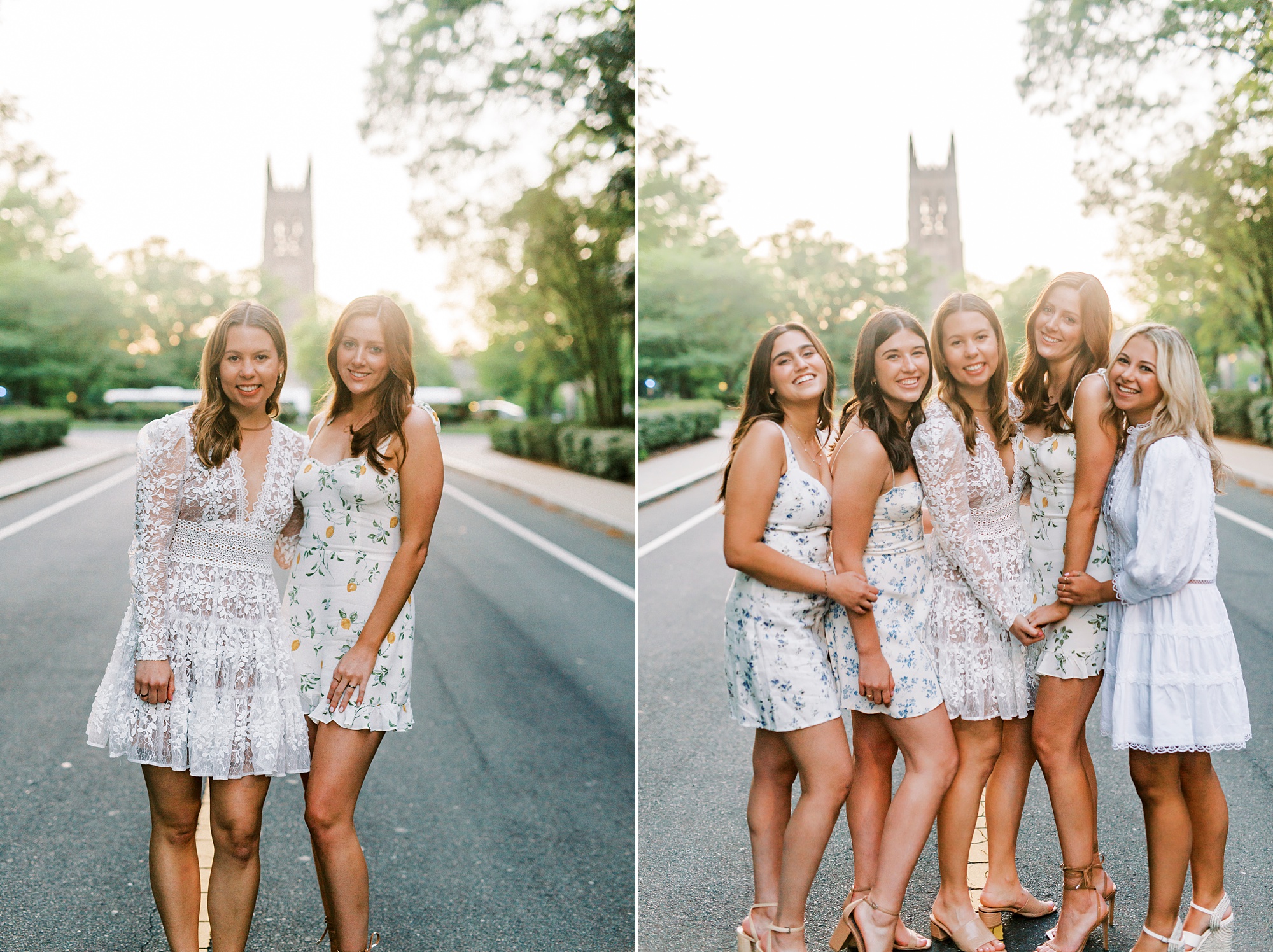 Duke University grads pose by bell tower in NC